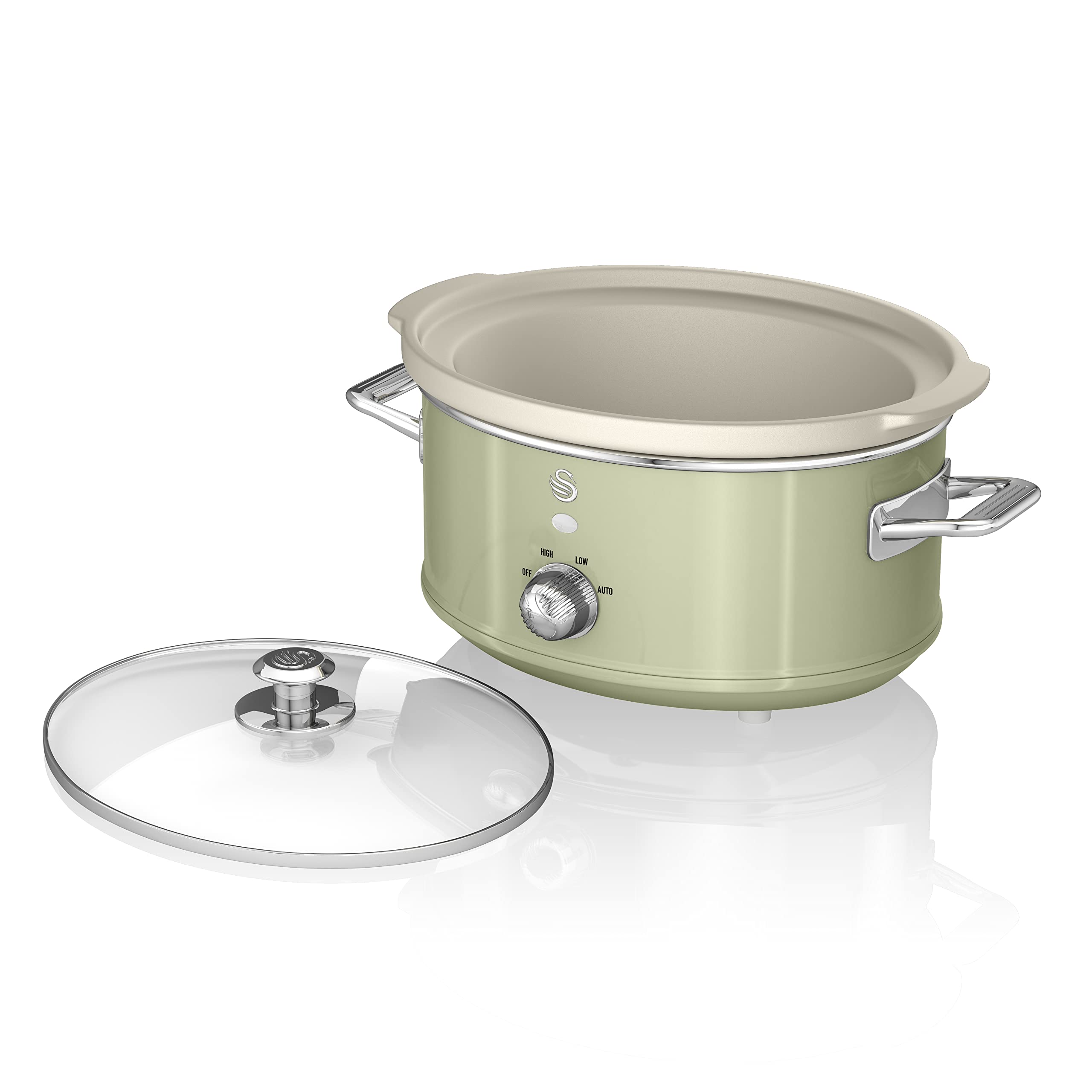 Swan Retro SF17021GNEU Mijoteuse 3,5L Récipient Amovible, Antiadhésif en Céramique Libre PFOA et PTFE, 3 Niveaux de température, Couvercle Verre, Slow Cooker, Design Vintage, Vert, 200 W