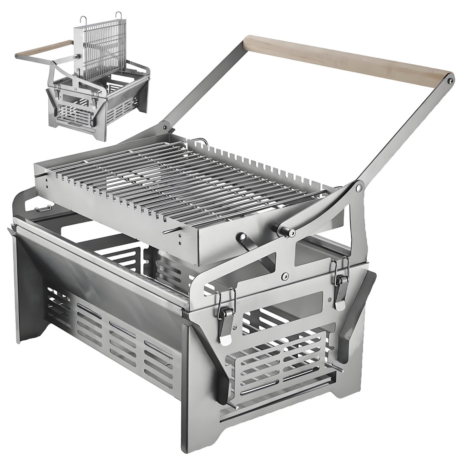 Barbecue in Acciaio Inox 304 con Rotazione Manuale a 360° e Fermo Laterale | Il blocco laterale mantiene chiuso il cestello durante la cottura di carne, pesce, spiedini e verdure sulla brace viva.