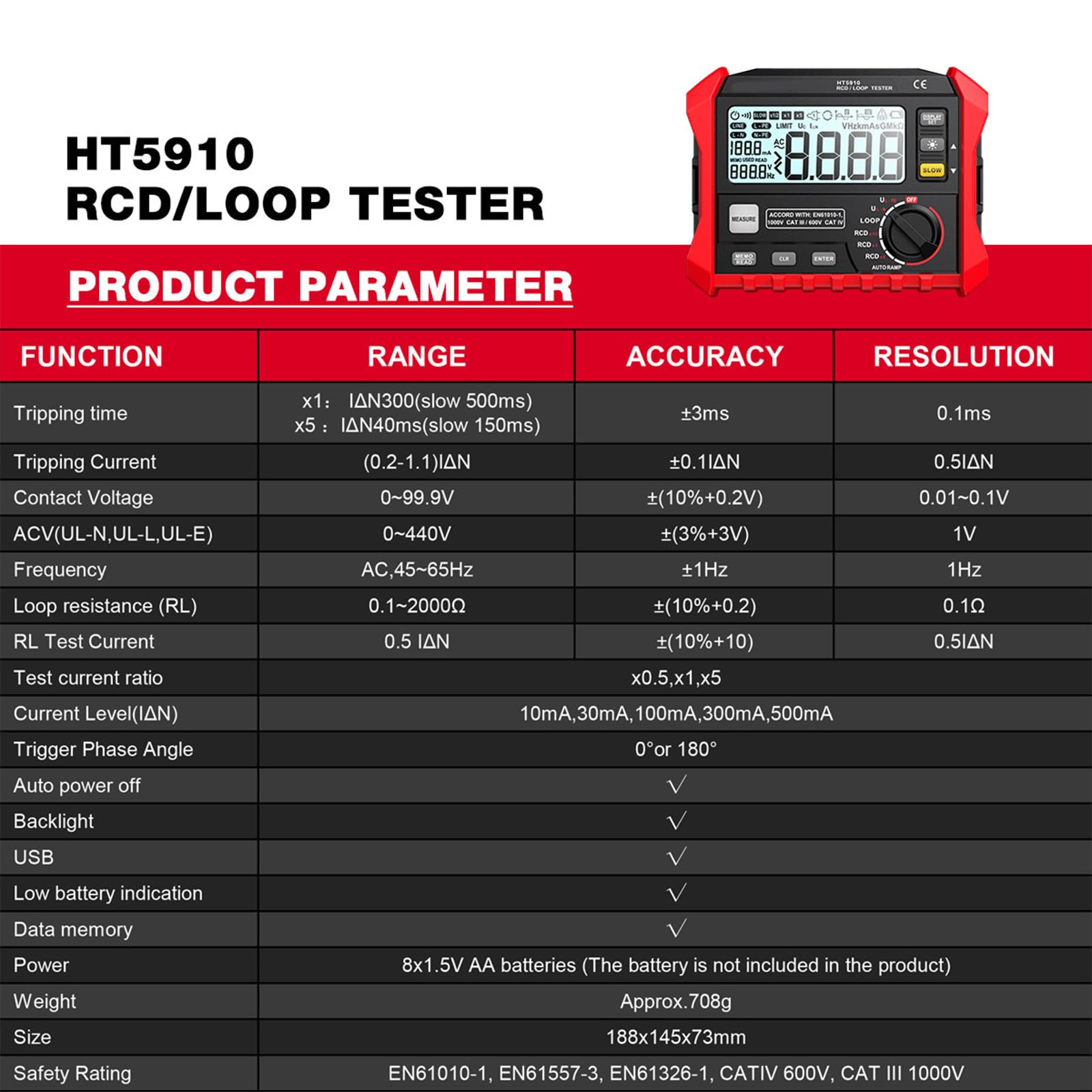 Medidor de resistencia digital con interruptores de fugas para prueba de capacidad RCD, pantalla LCD retroiluminada, 1000 registros, voltímetro probador RCD