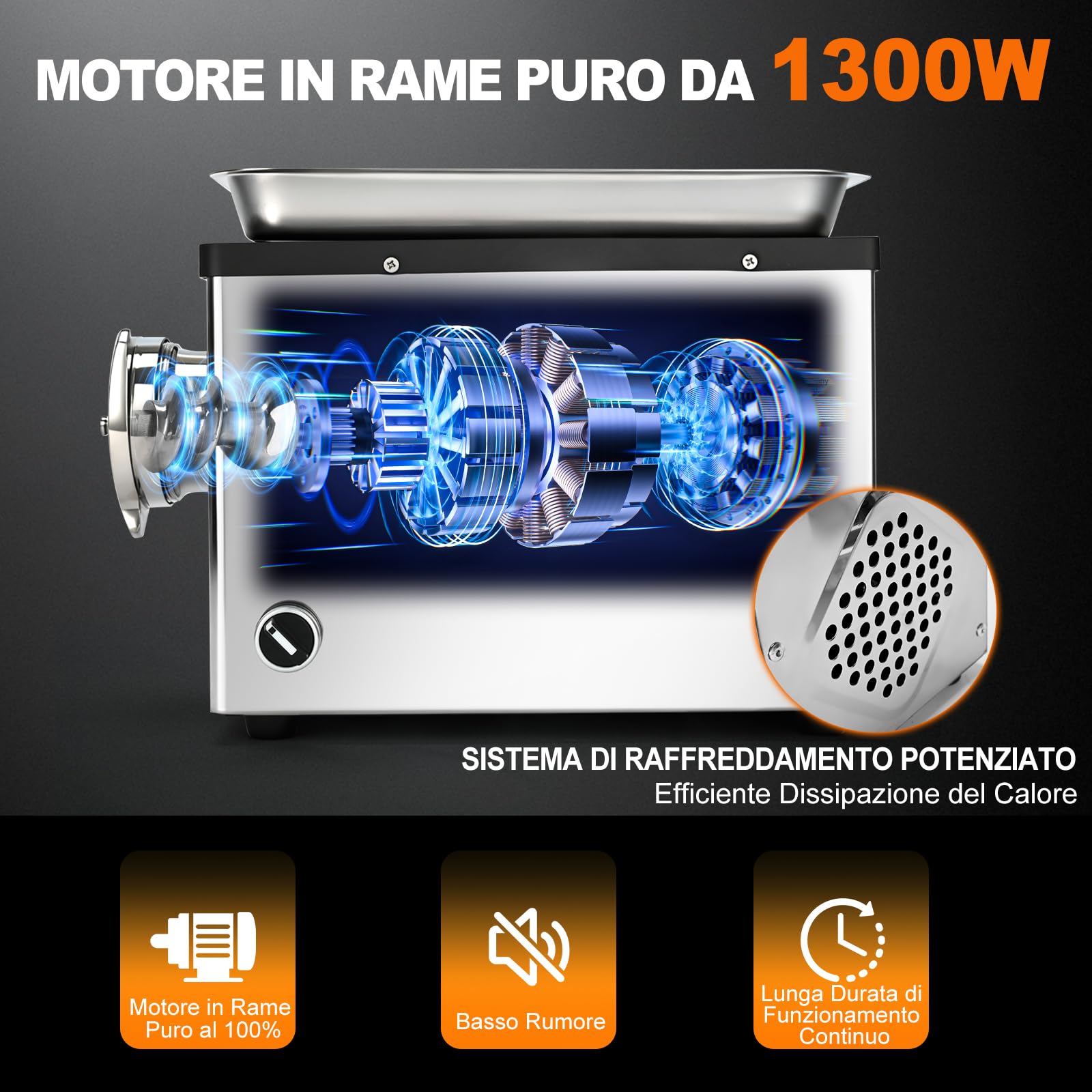 Anatole Tritacarne Elettrico Commerciale 1300W Acciaio Inox Integrale Macchina per Salsicce Multifunzionale con 4/6/8/10/12mm/3-Fori Piastre di Macinazione 1 Insaccatrice per Salsiccia 4 Lame 220V
