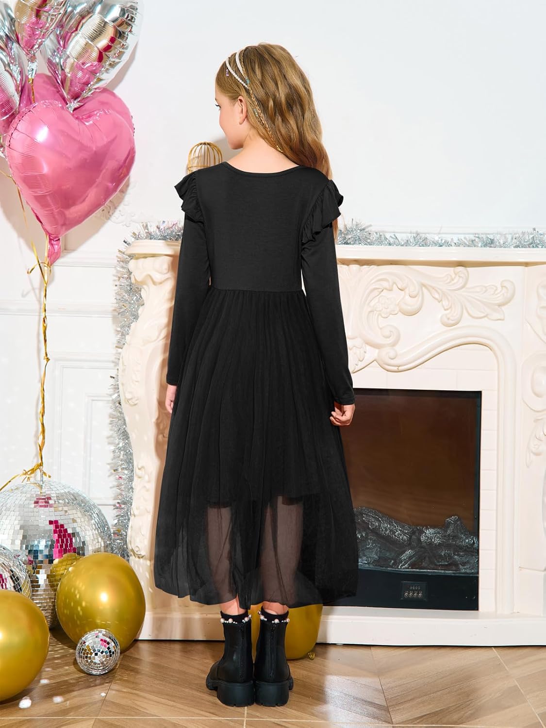 Haloumoning Girls Tutu Dresses Kids Cute Tulle Fall Ruffle Long Sleeve High Low Hem Dress 5-14 Years - Image 6