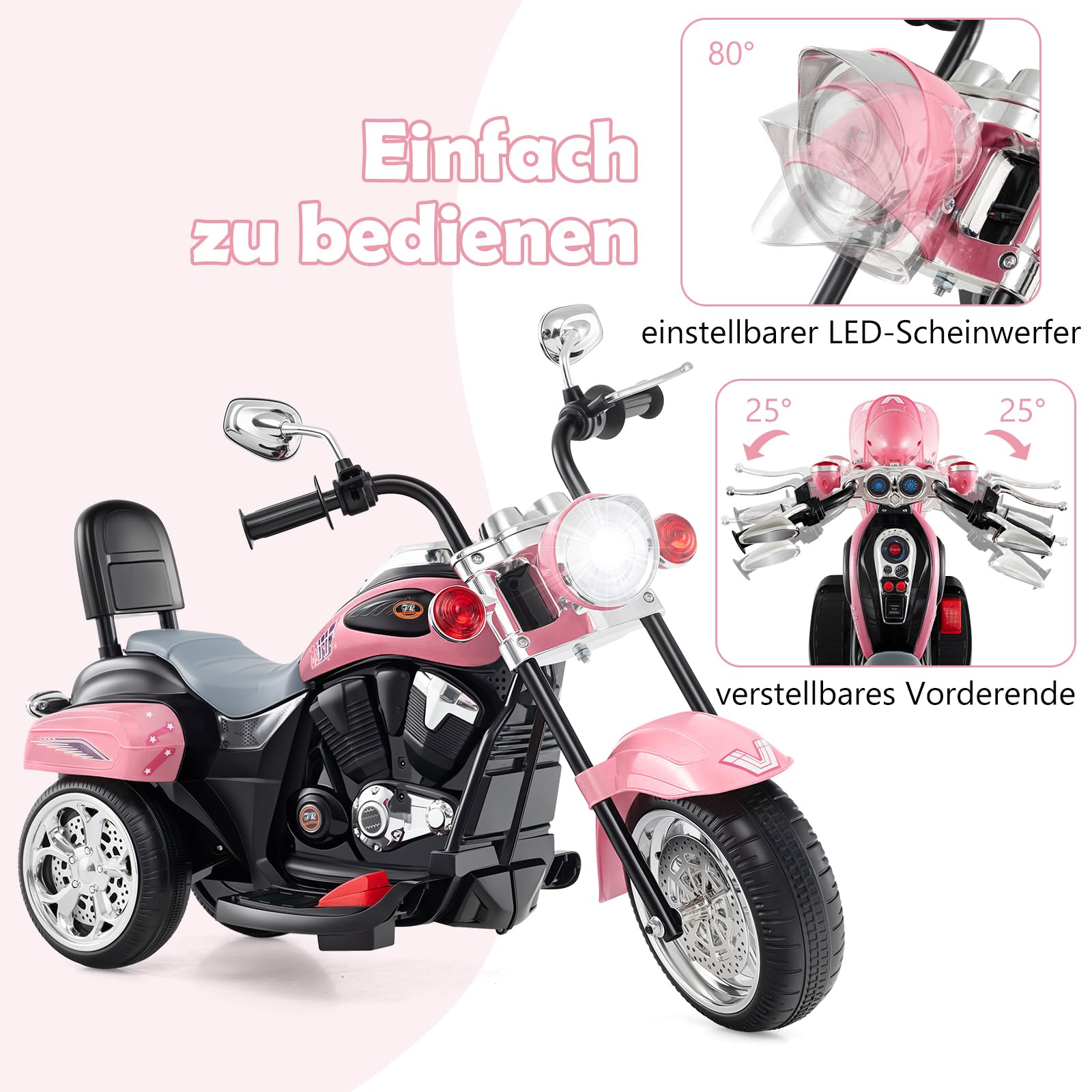GOPLUS Motocykl elektryczny 6 V dla dzieci, trójkołowy motocykl dziecięcy z przełącznikiem do przodu i do tyłu, elektryczny motocykl, mortorcycle, pojazd elektryczny dla dzieci od 3 lat (jasnoróżowy)