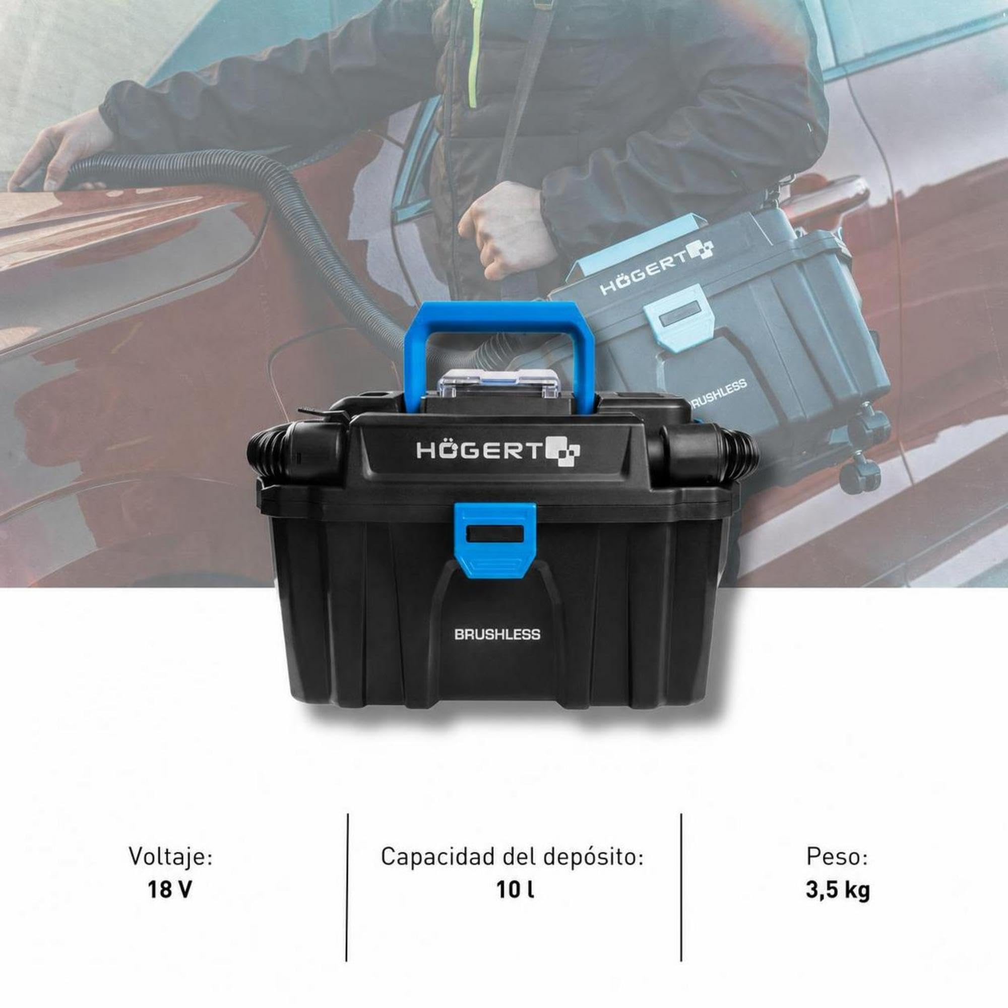 Högert Technik Aspirador en Húmedo y Seco a Batería 18V OneAccuSystem, Aspirador Industrial y de Taller Compacto con Filtro HEPA, función de soplado, depósito 10 L, inalámbrico, sin batería