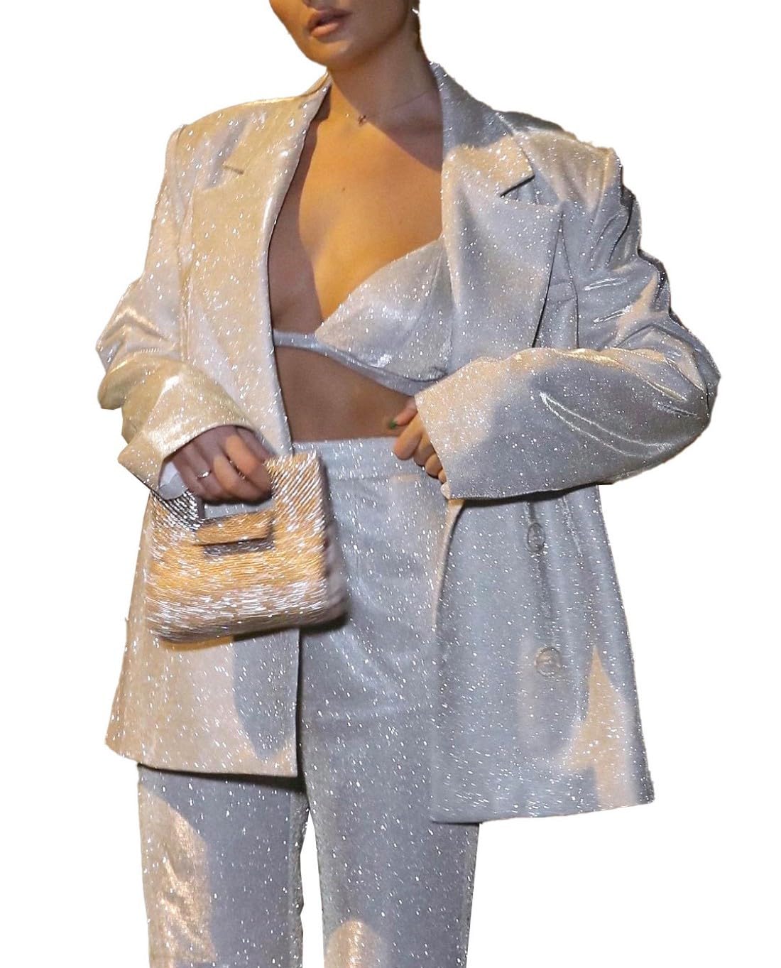 Fashion Suit Shiny Blazer Underwear Straight Trousers Three-Piece Set for Women