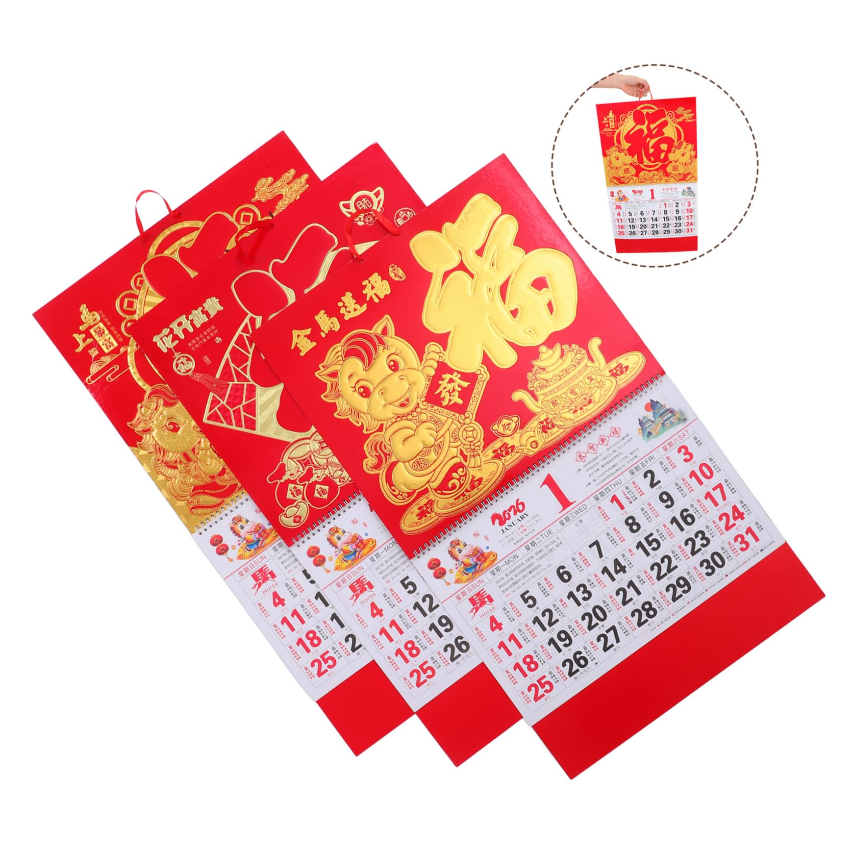 DOITOOL 3piezas Calendario de Pared Chino Calendario Lunar Colgante Anual de Planificador Tema de Caballos para Decoraciones de Temporada y Planificación Anual