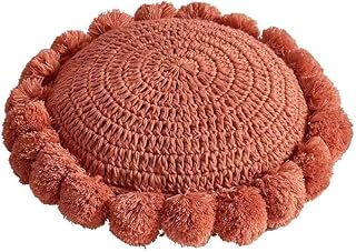 Boho Round Throw Pillow with Pom Poms Fringe Tassels, Bohemian Cute Deco...