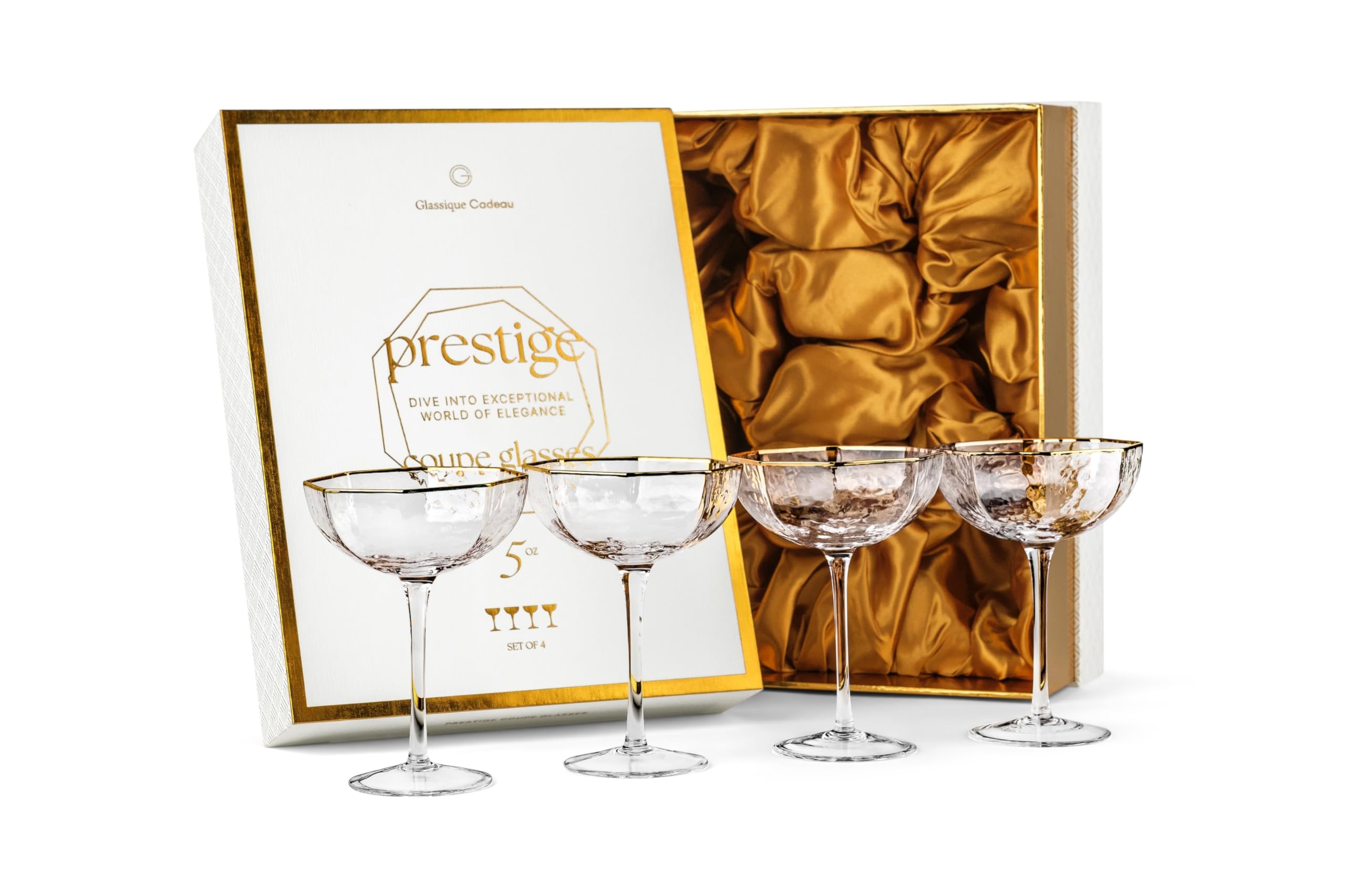 Petits Coupes à Cocktail Prestige avec Bords Dorés | 150 ml | Lot de 4 | Verres à Pied Longs Octogonaux en Cristal pour Champagne, Espresso Martini, Daiquiri, Gimlet, Cosmopolitan
