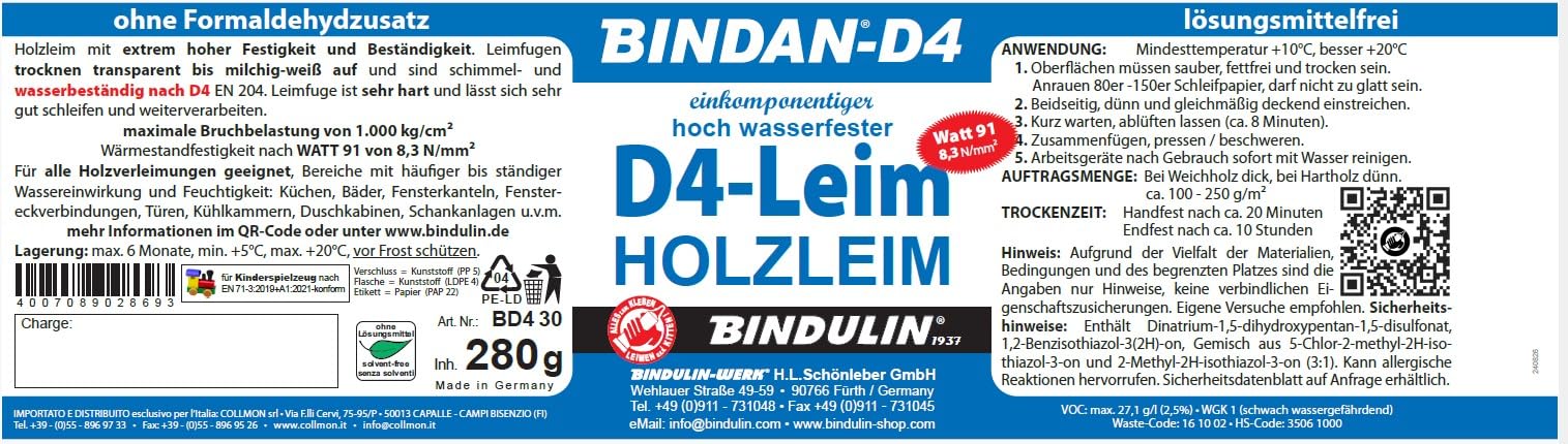 Holzleim Kunstharzleim BINDAN-D4 (1-Komponenten-D4-Leim) 1000 g Flasche inkl. Leimpsachtel und Pinsel von E-Com24 (BINDAN-D4 1000 ml)