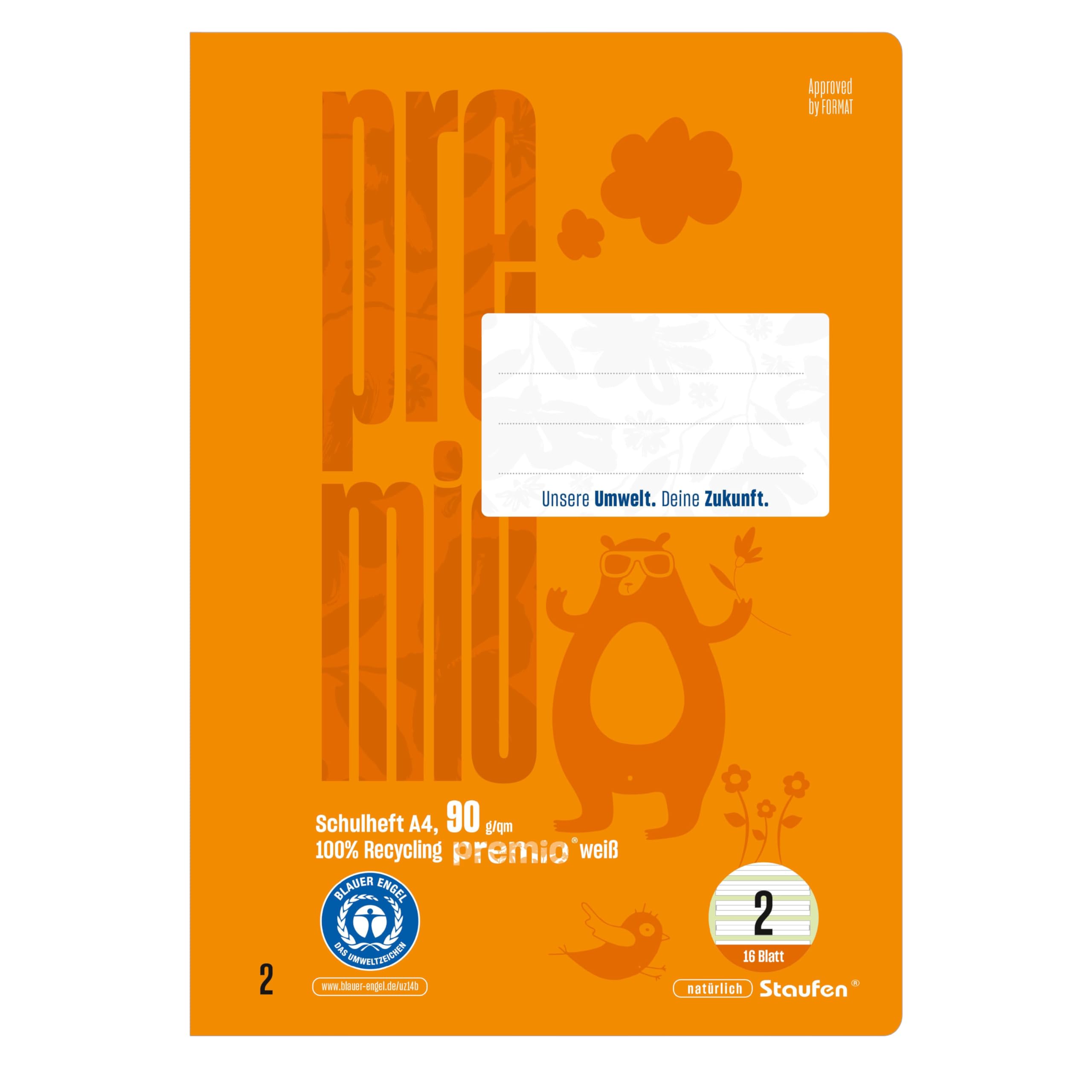 Staufen premio Schreiblernheft - 4 Hefte je 16 Blatt, DIN A4, Lineatur 2 (4/4/4mm liniert, farbig hinterlegte Lineatur), 90 g/m² Recyclingpapier, runde Ecken verhindern „Eselsohren“