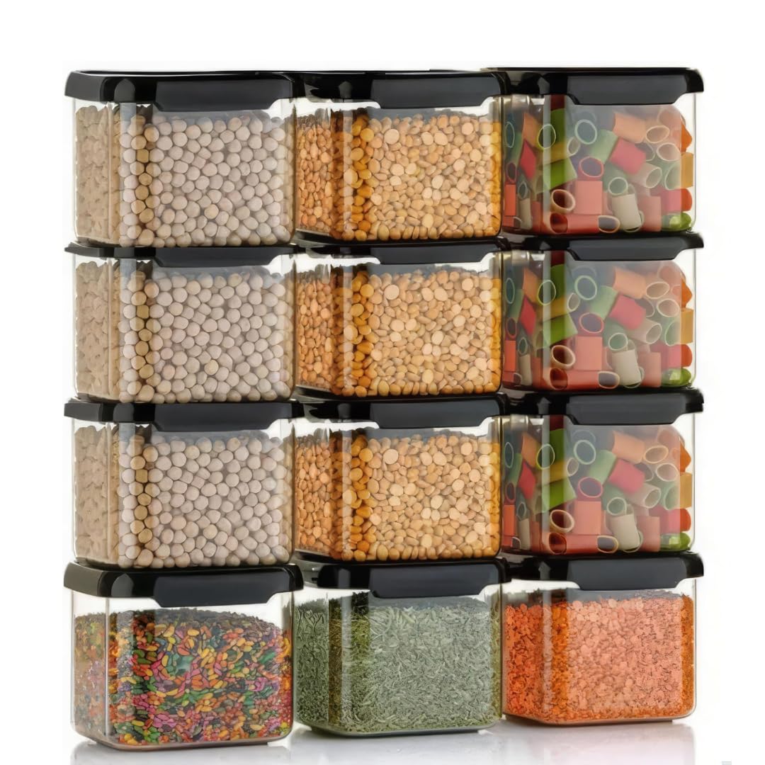 TRENDORA Air-Tight BPA-Free Plastic Storage Container Set, Kitchen Organizer for Pantry & Kitchen Storage, Multi-Purpose Food Storage Jars, Unbreakable Design (12 Pack-500ML), Transparent