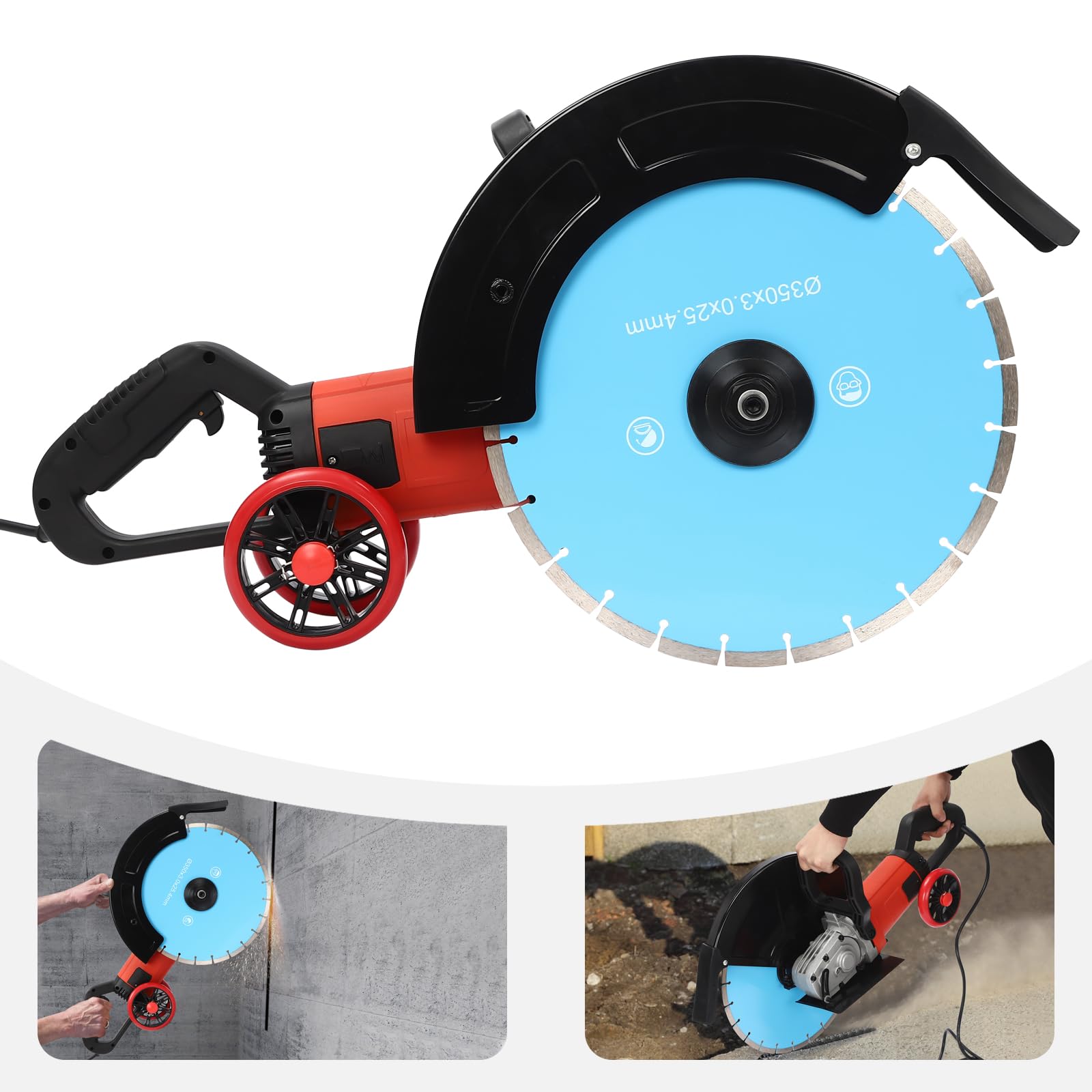 Sega elettrica per calcestruzzo da 4000 W, diametro del disco da 350 mm, profondità di taglio 135 mm, set di taglia-pietra, per mattoni e cemento