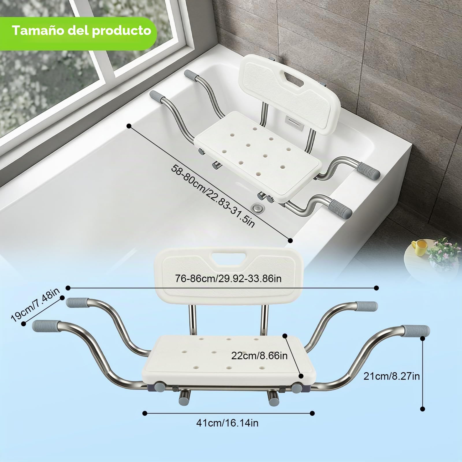 Silla bañera Adultos con Respaldo extraíble, Asiento bañera Adulto Regulable 76-86 cm, Patas Antideslizantes, soporta 150 kg – Silla bañera Personas Mayores para bañera y Ducha