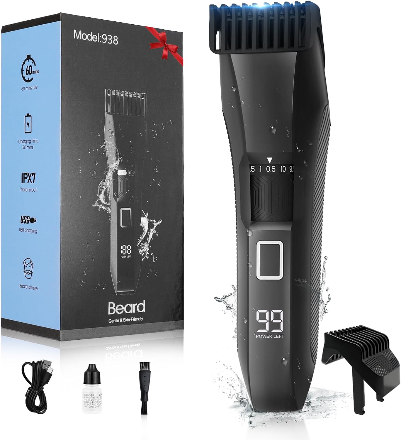 Beatslm Men's Beard Trimmer, 20 Length Adjustable, All-in-One IPX7 Waterproof Clippers, Stainless Steel T-Blade for Precision Facial Hair Trimming with 2 Adjustable Combs, Travel Lock, LED Display