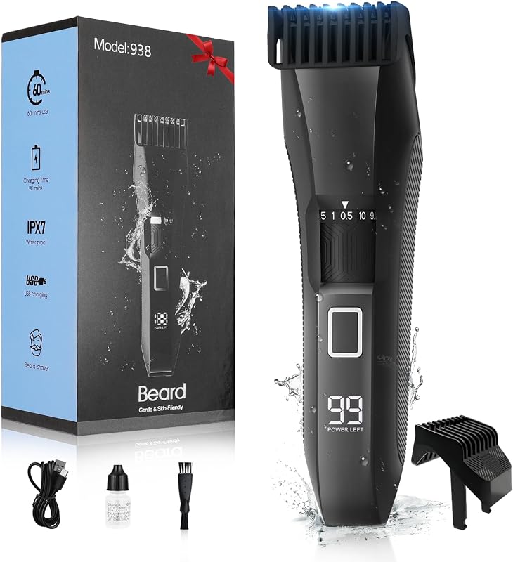 Recortadora de barba para hombres, 20 longitudes ajustables, cortapelos impermeables IPX7 | Hoja en T de acero inoxidable para recorte de vello facial de precisión, afeitadora húmeda/seca, 2 peines ajustables, bloqueo de viaje, pantalla LED