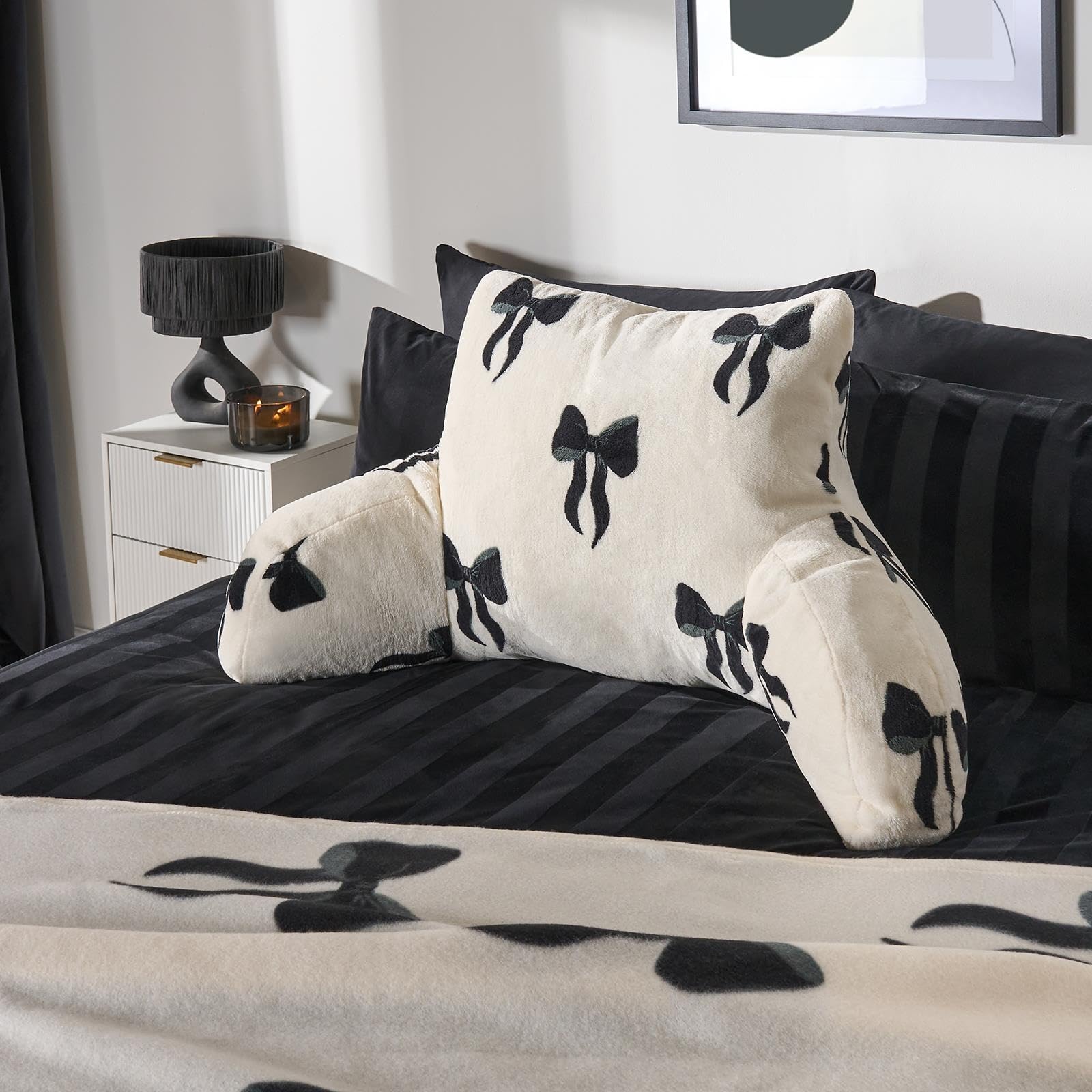 OHS Bow Print Cuddle Cushion, Bow Gifts for Women Reading Pillow Soft Fleece Back Support Cushion with Arms Gaming Bed Cushions Sit Up in Bed Pillow, Monochrome - 65 x 40cm