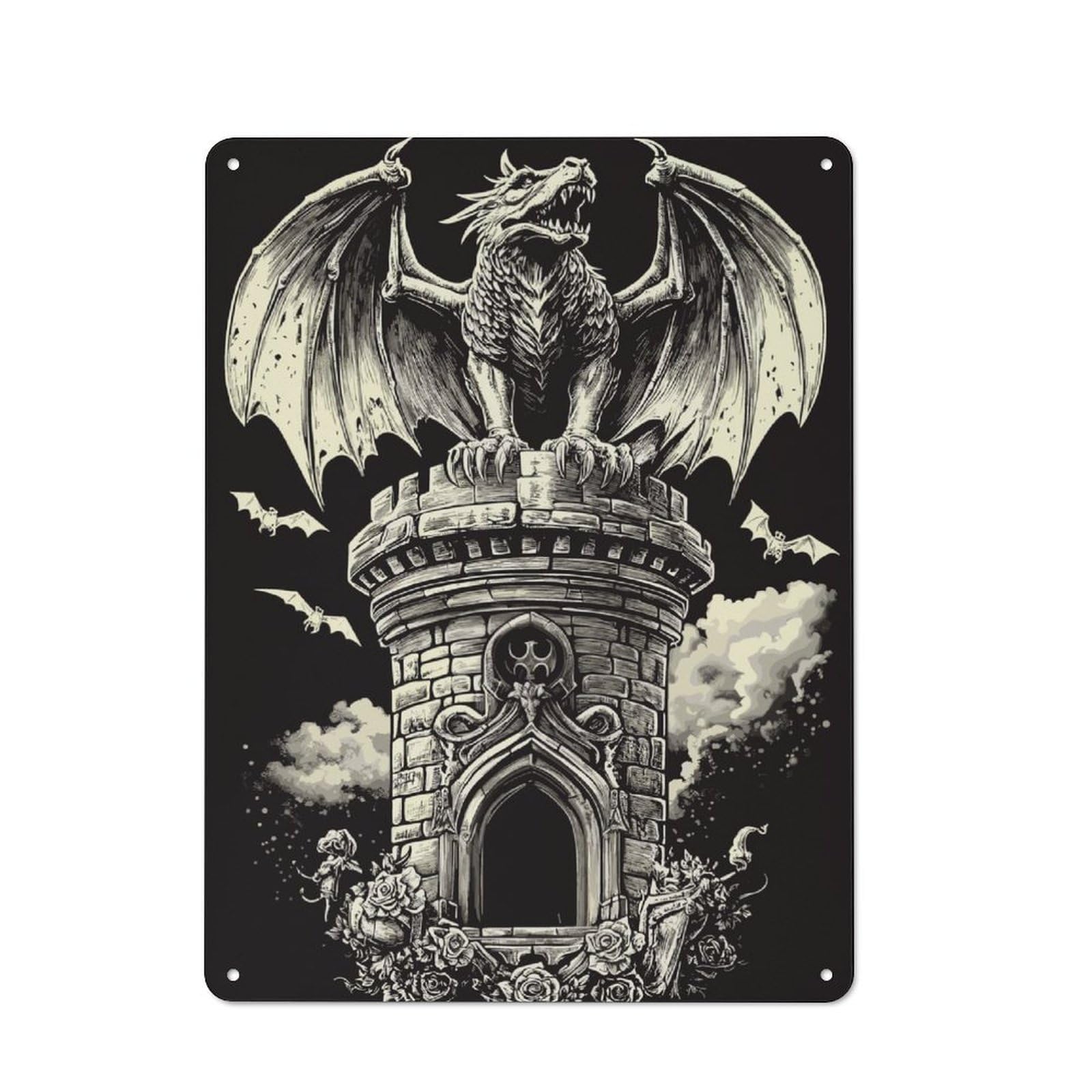 Gargoyle on Tower Rustic Metal Wall Decor 40x30cm, Decorative Metal Plaque for Shed, Garden Room, Porch Or Garage