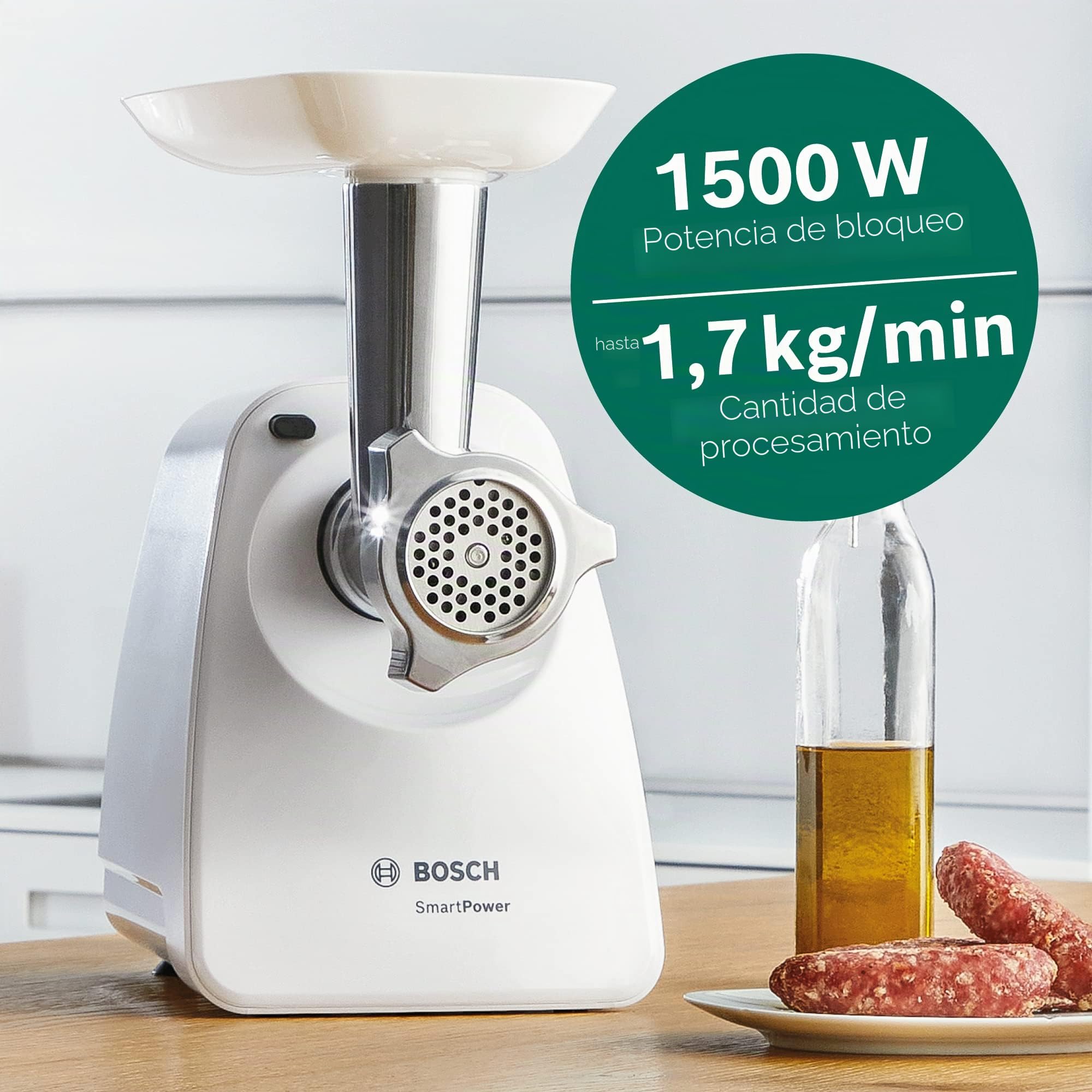Bosch MFW2500W SmartPower - Picadora de carne, discos de acero inoxidable, 350 W, color blanco