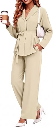 VNIRA Two Piece Sets for Women Long Sleeve Tie Waist Top Wide Leg Pants