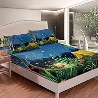 Vista 2 de Manfei Sábana bajera ajustable para cámper, tamaño individual, funda de cama de campamento Night Happy con 1 funda de almohada, juego de ropa