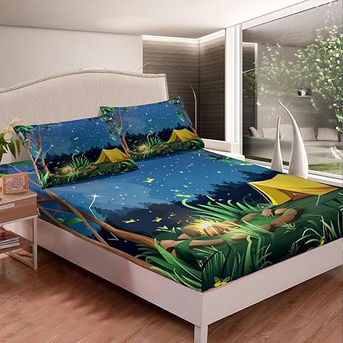 Miniatura 2 de Manfei Sábana bajera ajustable para cámper, tamaño individual, funda de cama de campamento Night Happy con 1 funda de almohada, juego de ropa de