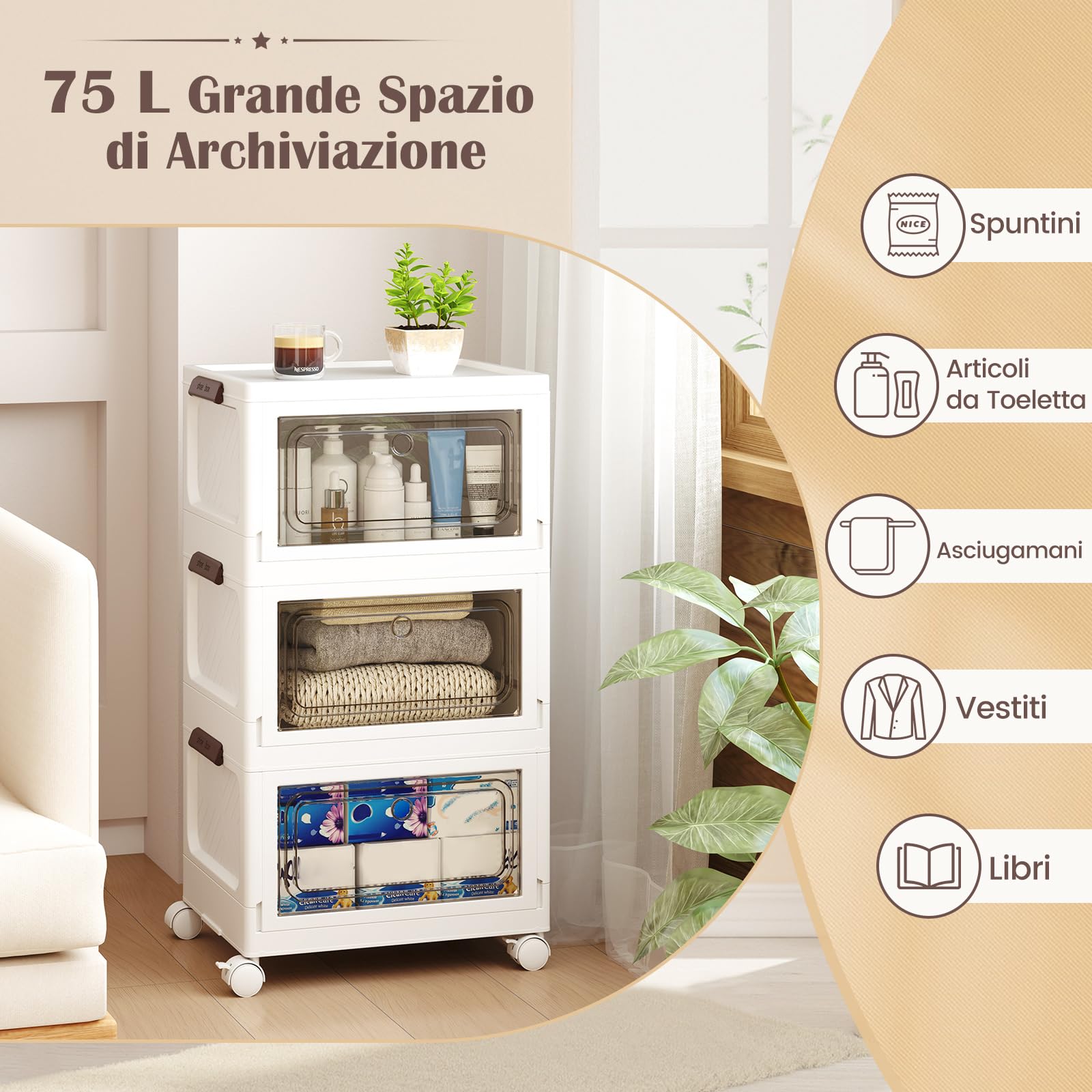 101QT Contenitori Impilabili In Plastica Con Ruote, 3 Pezzi, Pieghevoli Con Coperchio E Porte, Bianco - 4