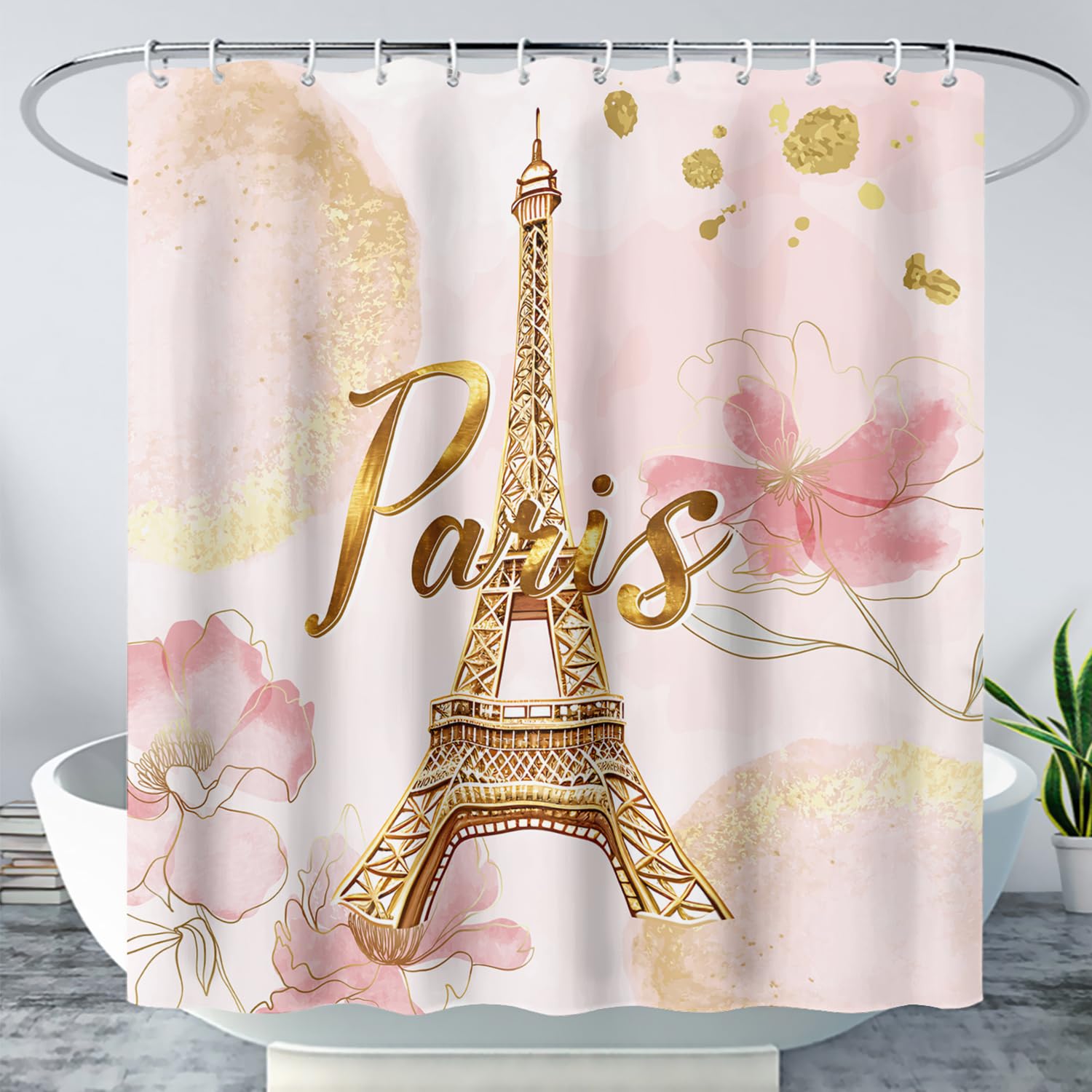 AILONEN Pink and Gold Eiffel Tower Shower Curtain,Watercolor Flower Paris Themed Bath Curtain,Waterproof Bathroom Pink Curtain with 12 Plastic Hooks, 36