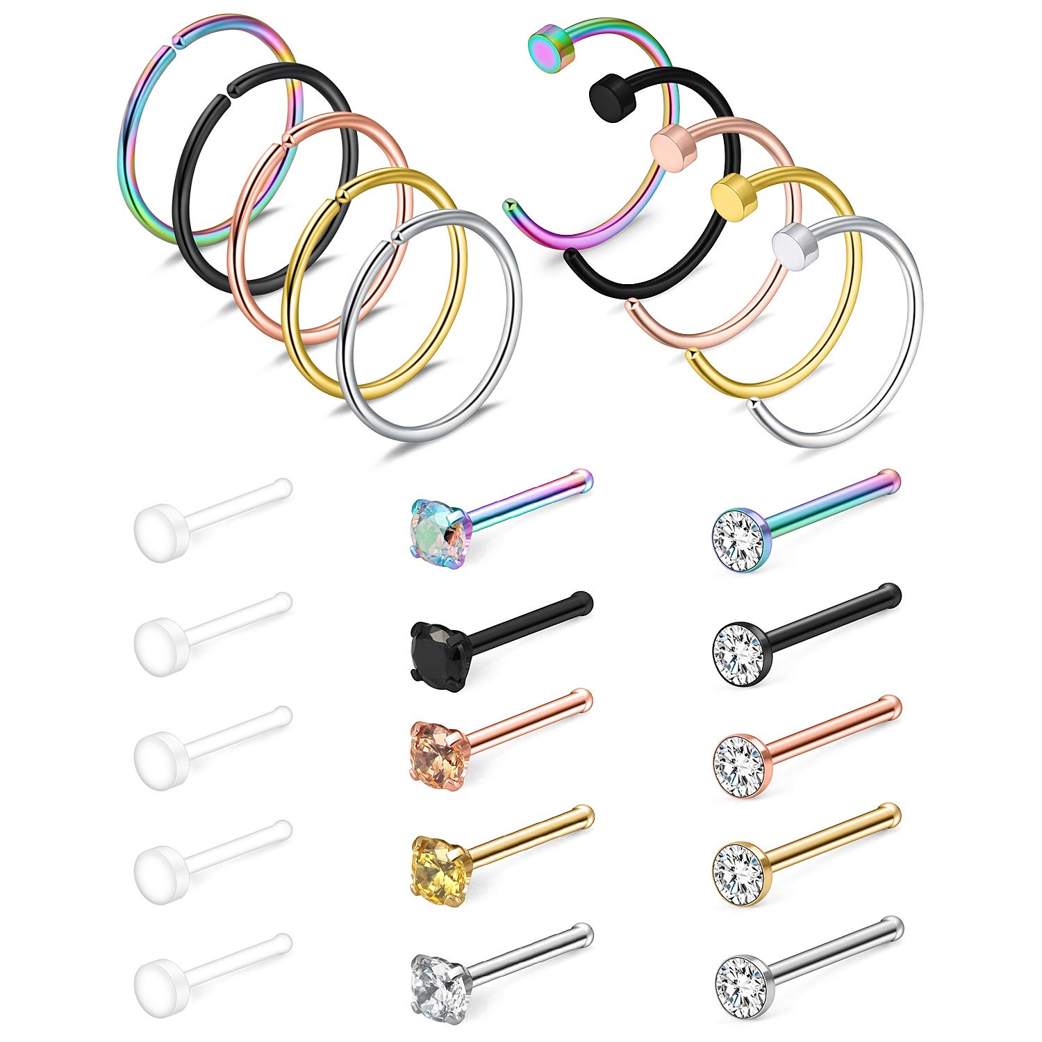 Ruifan 10-25PCS 18G Surgical Steel Mix Color Diamond CZ Nose Stud Rings Bone Pin Piercing Jewelry 1.5mm 2mm 2.5mm 3mm