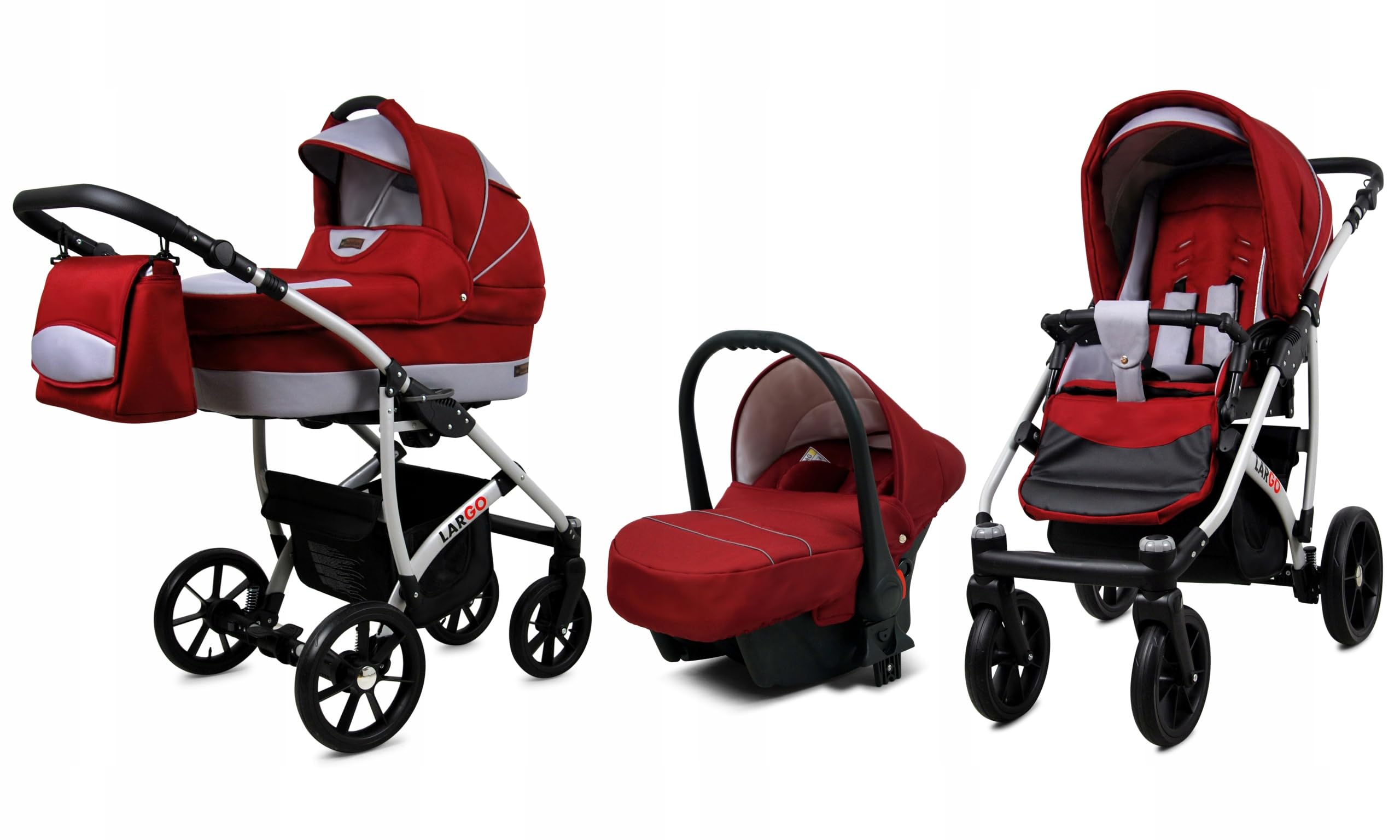BabyLux® Zestaw wózków dziecięcych 3 w 1 – Largo – w zestawie wanienka dla niemowląt, fotelik sportowy, fotelik samochodowy – zestaw wózków dziecięcych z torbą do przewijania, osłoną przeciwdeszczową