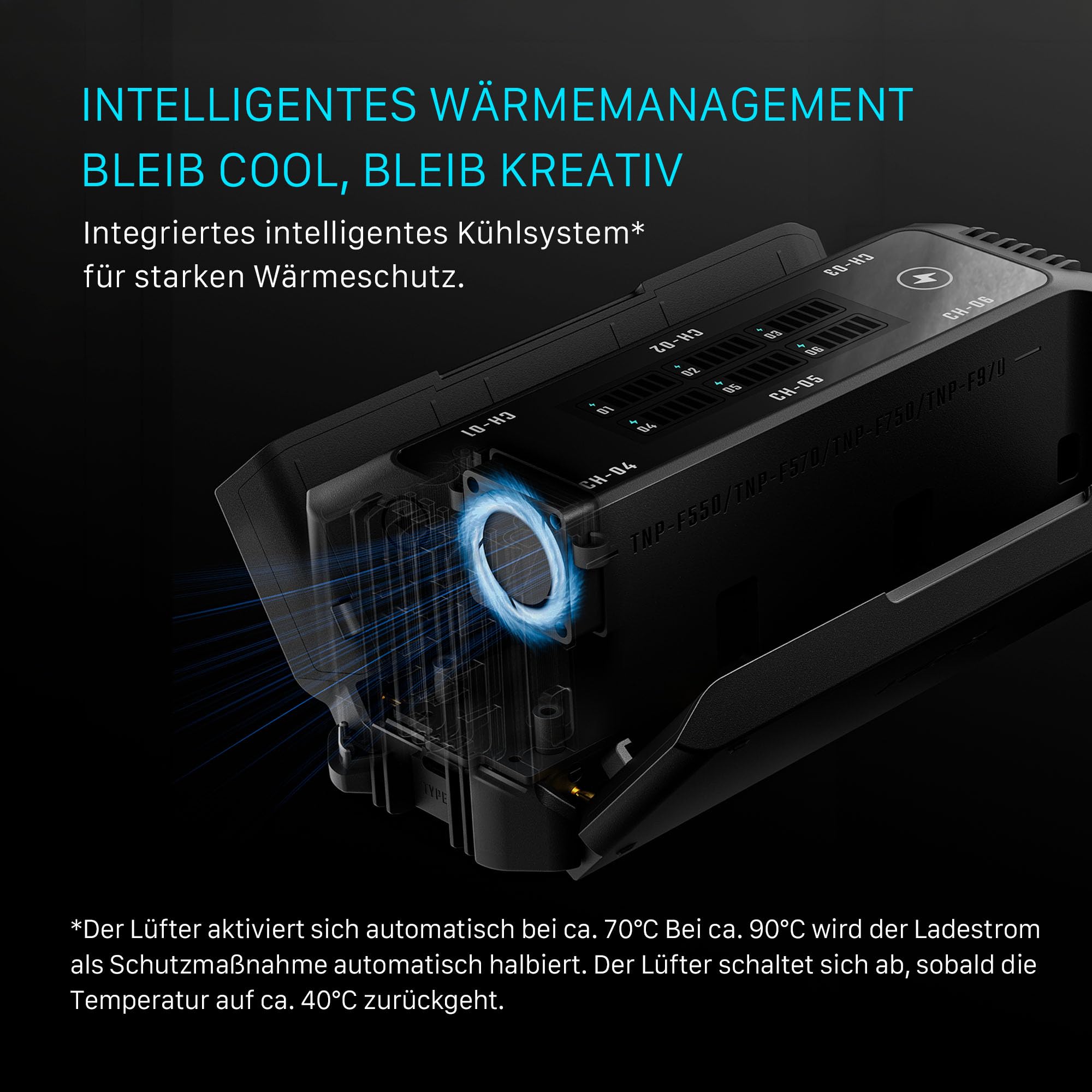 Tilta NP-F Akkuladegerät, Kompatibel mit Sony NP‑F970/F750/F570/F550 | 100W PD/QC Schnellladung, 6 Steckplätze laden 6 Akkus, TFT-Anzeige Akkustand, Lüfterkühlung Temp.-Regelung