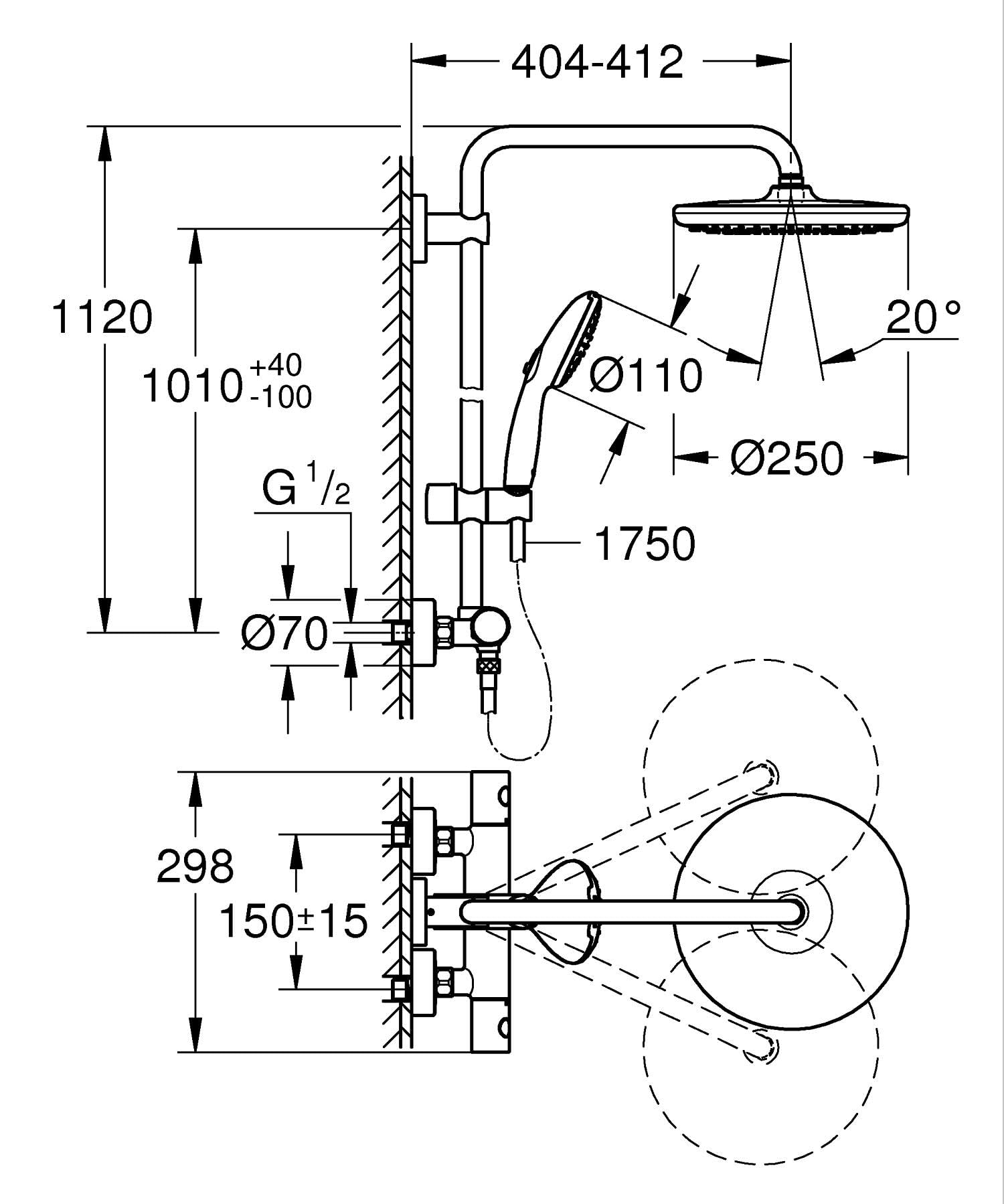 Grohe Vitalio Start System 250 - Colonna doccia con miscelatore termostatico, doccia a testa rotonda, 25 cm, 1 getto, doccetta rotonda 11 cm, 2 getti, flessibile 1,75 m, risparmio idrico, nero opaco,