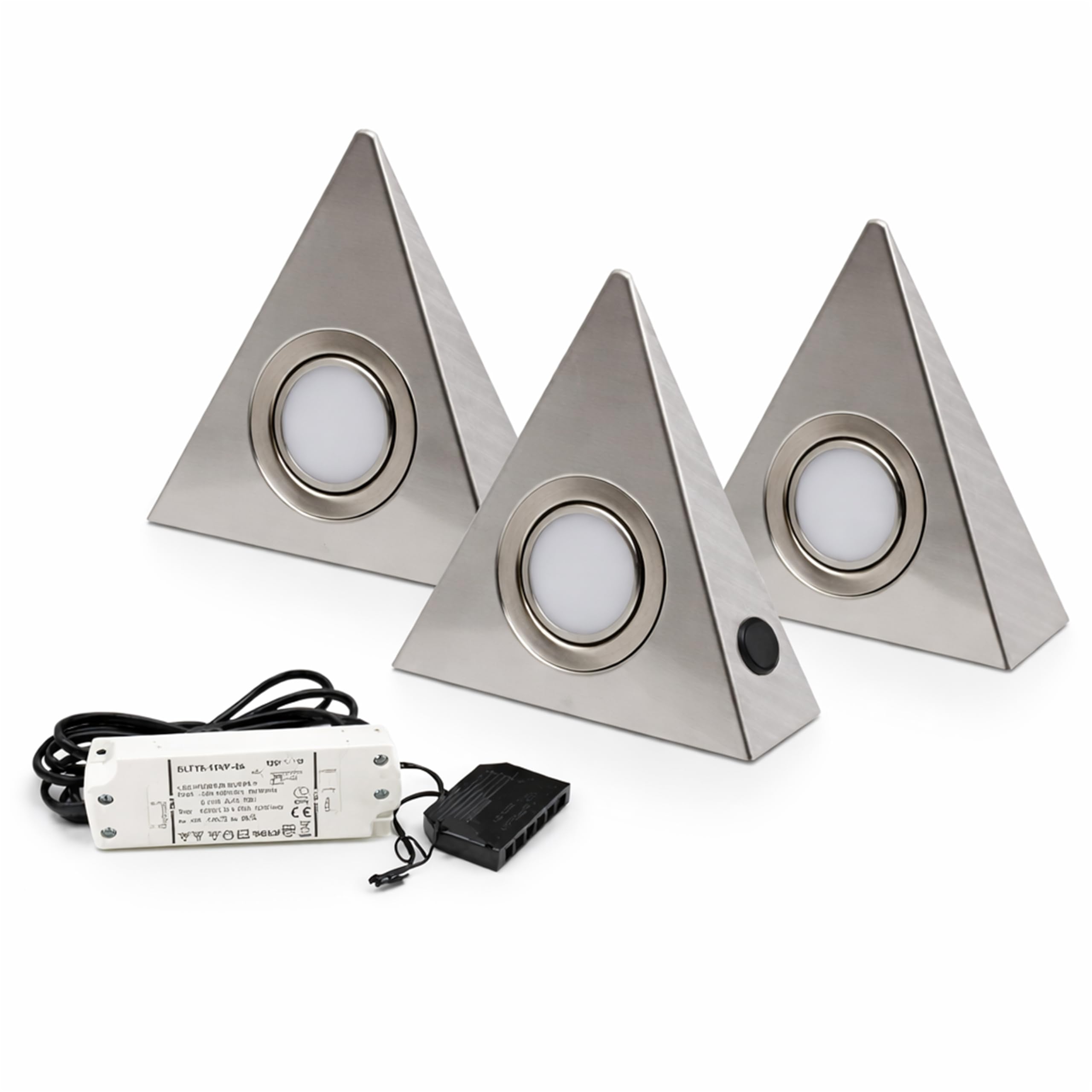 vislux 3er Set LED Dreieckleuchte Unterbauleuchte Küchenleuchte EDELSTAHL 3x3W Warmweiß 3000K mit Zentralschalter