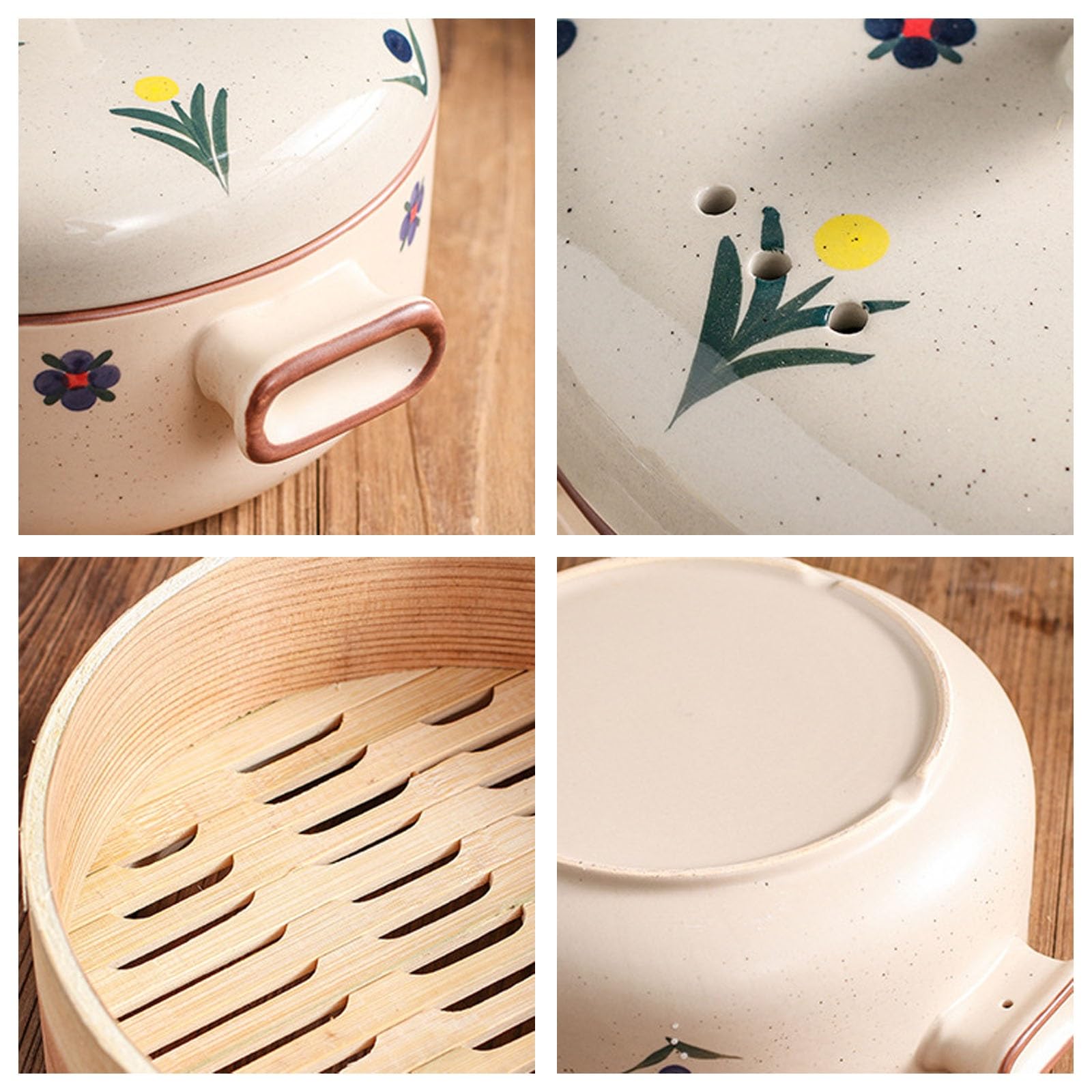 Japoński garnek do zapiekania z bambusowym koszykiem do gotowania na parze, okrągły kamionkowy garnek z pokrywką, ceramiczny dwupoziomowy garnek do zupy(1.5L)