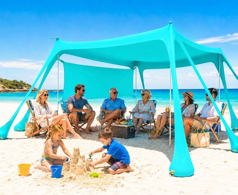 Tienda de campaña de playa grande con pared lateral, protección UV UPF80+, toldo de sombra con 8 bolsas de arena, 4 postes de estabilidad para arena, camping, pesca, refugios solares para tienda de campaña al aire libre (11 x 11 pies, turquesa)