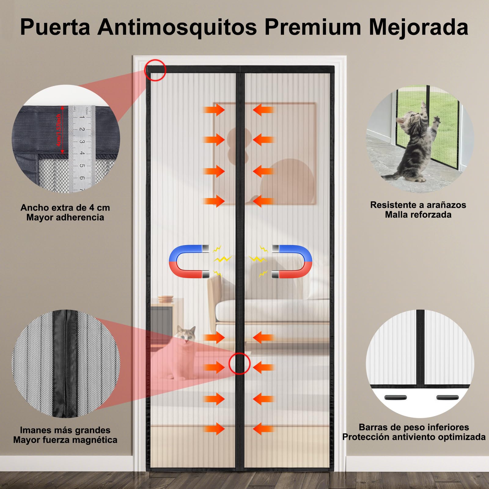 Primer plano del cierre magnético de la mosquitera SAILIMAY en acción.