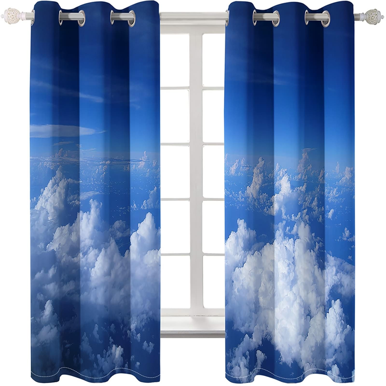 Rideau Occultant Thermiques, Ciel Bleu et Nuages Blancs Rideaux Salon Moderne Occultant Rideau Chambre, Bleu Blanc, 214x183cm