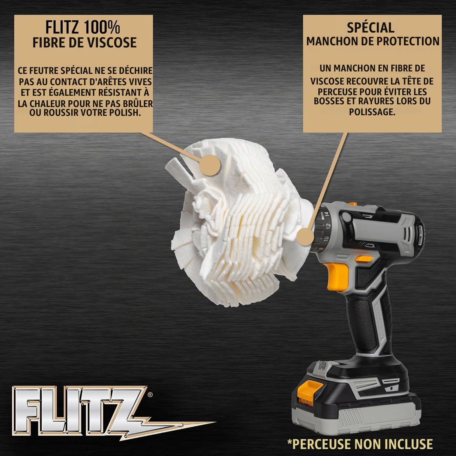 Flitz Boule de polissage avec pâte de polissage métallique de 50 g – Fixation de polisseuse de perceuse de 12,7 cm pour toute perceuse de 0,9 cm – Auto-refroidissante, lavable pour polir, faire