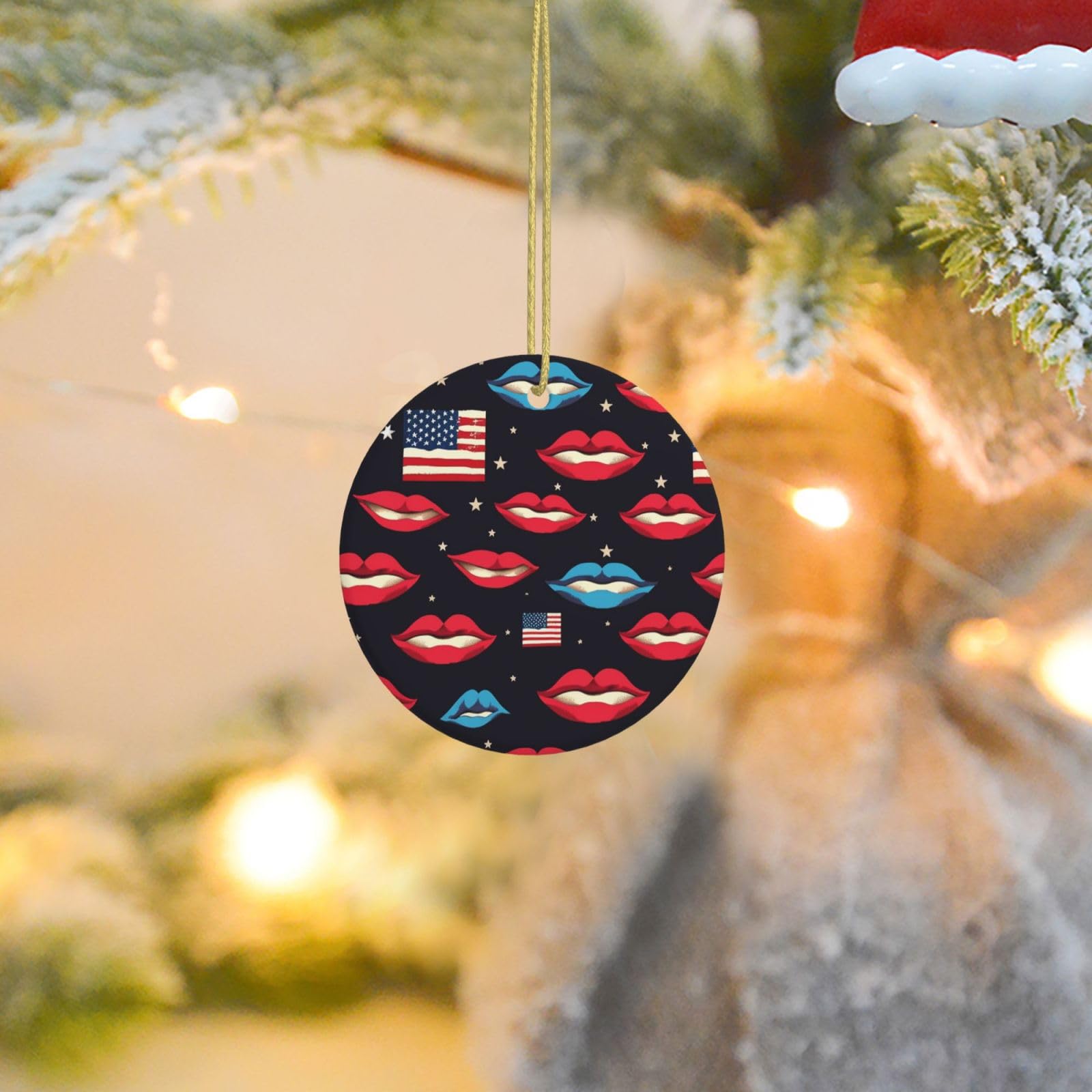 Christmas Tree Ornaments Ceramics Christmas Round Decorations American Flag Lips Ceramics Ornaments Circle Pentagram Xmas Tree Hanging Pendant for Christmas Tree Party Holiday Home Decor