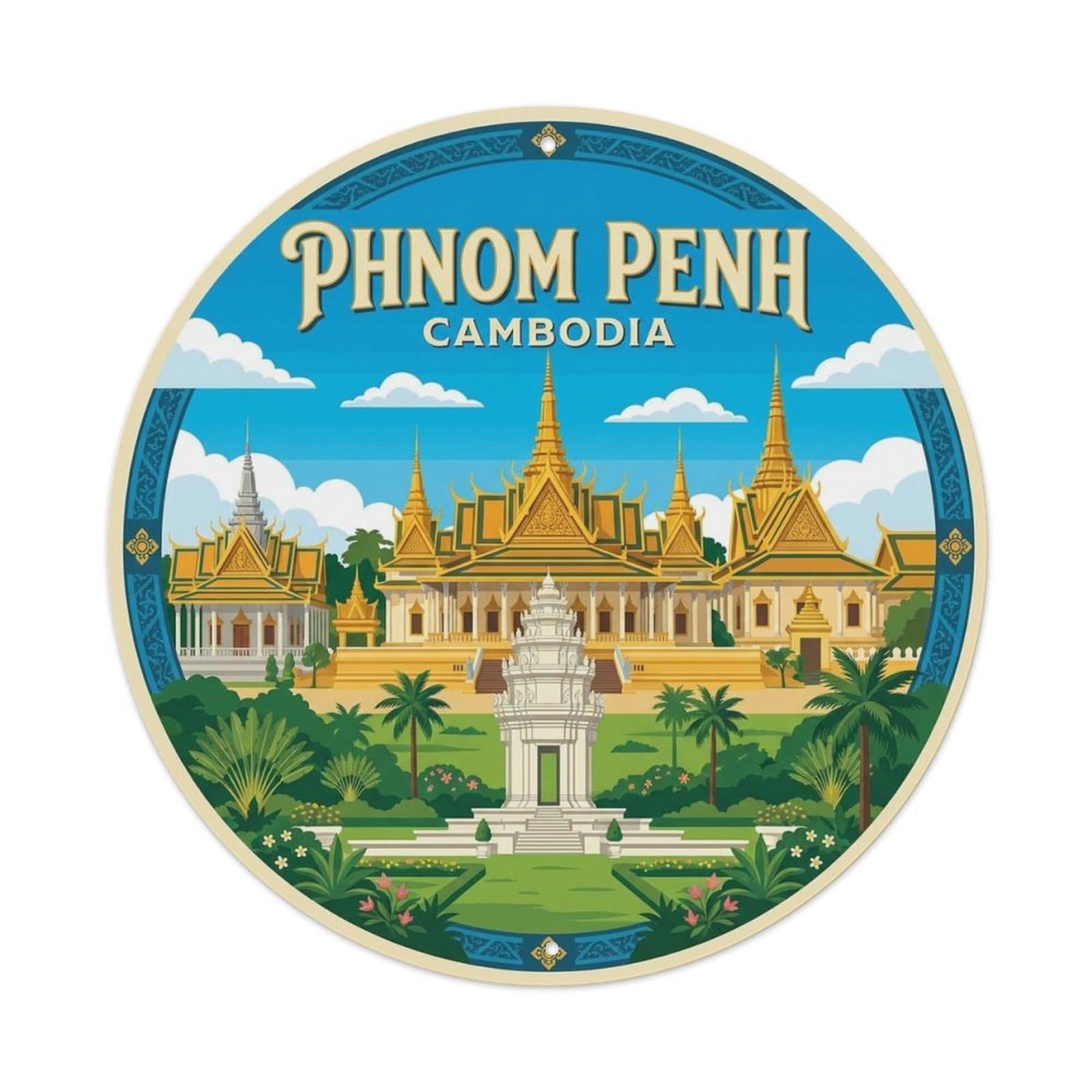 Phnom Penh Cambodia Vintage City Travel Landmark Metal Tin Sign