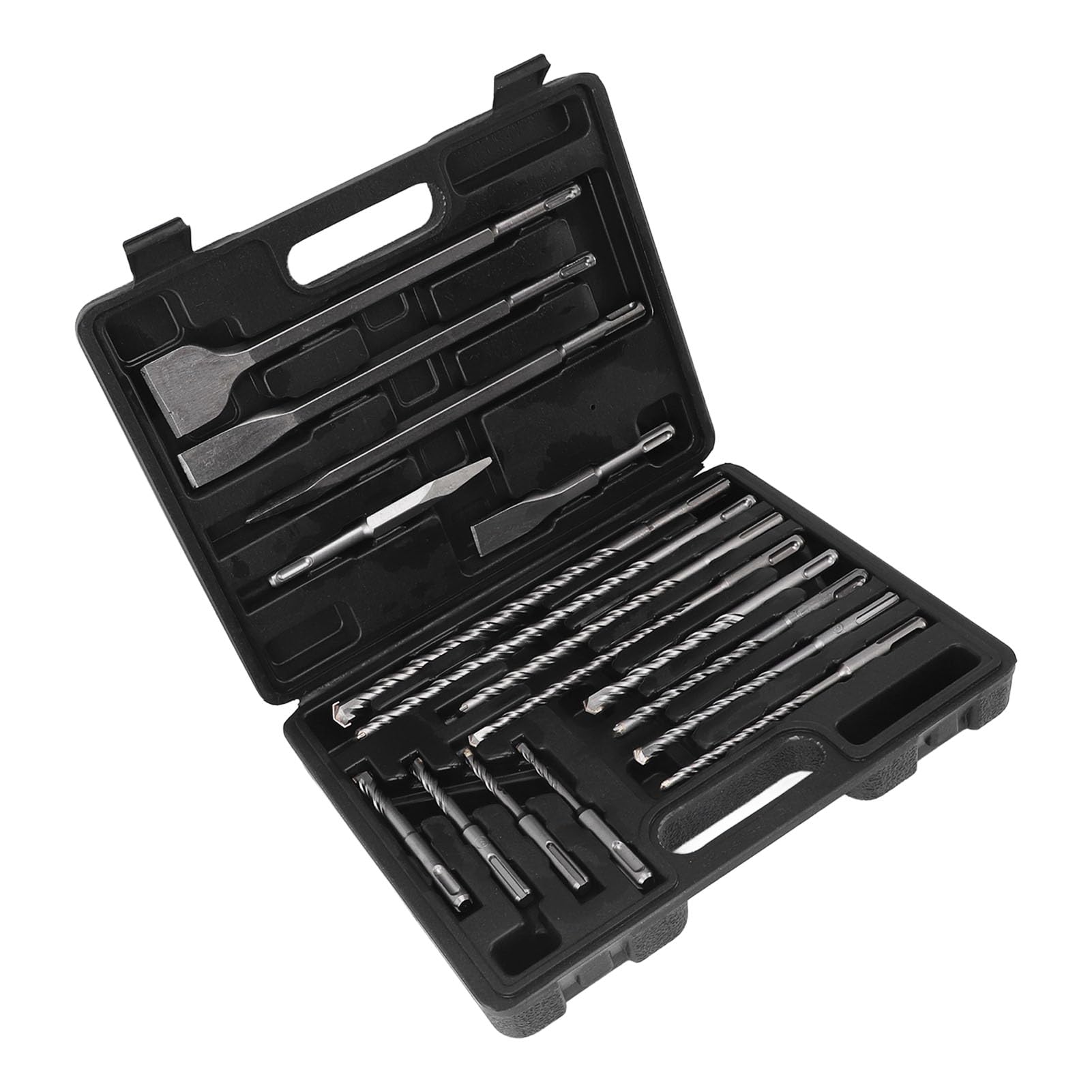 AMONIDA Juego de Brocas de Cincel para Taladro Percutor de 17 Piezas, Brocas de Acero de Aleación con Cinceles para Hormigón, Caja de Almacenamiento de Plástico para, Ideal para Construcción