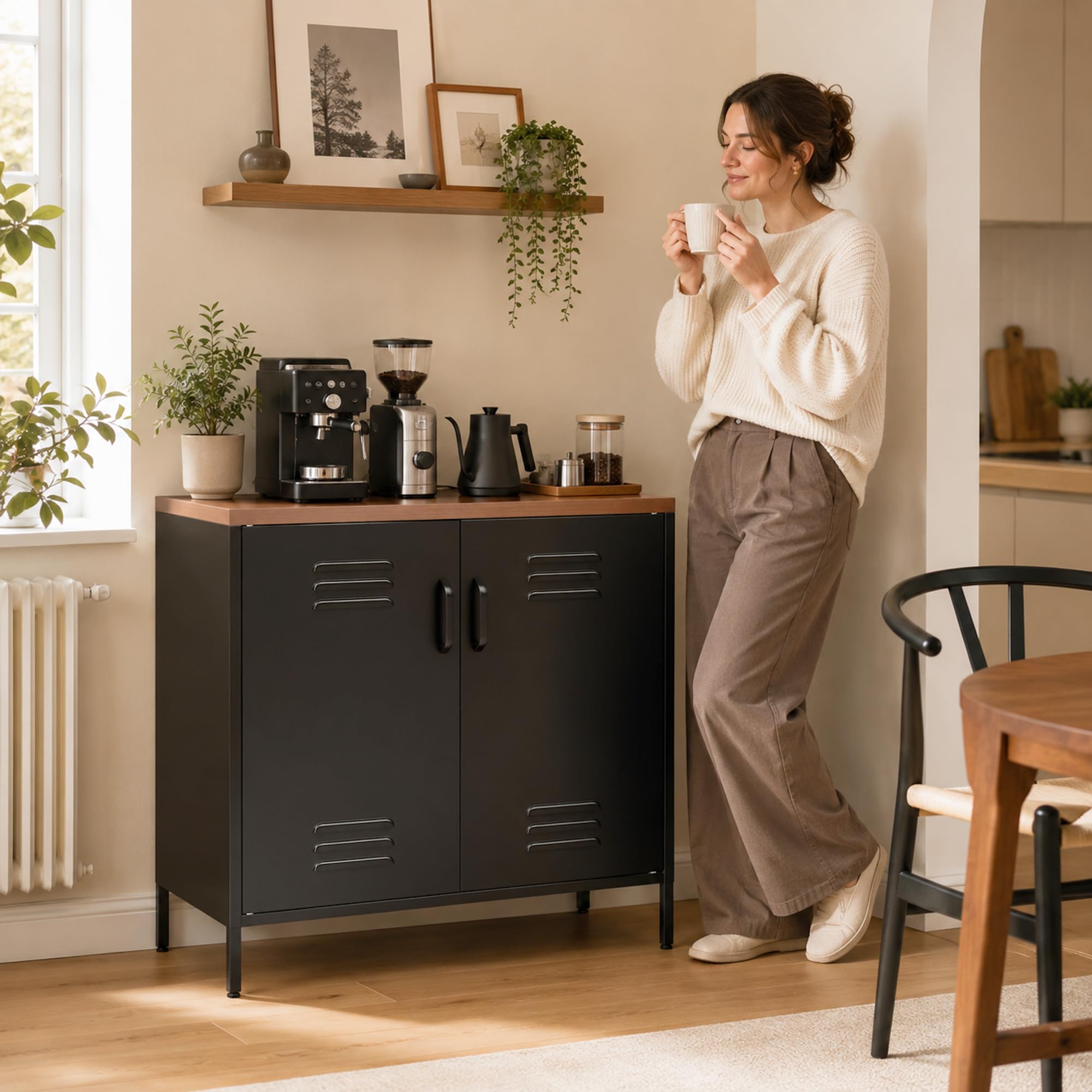 HOMCOM Sideboard aus Metall mit 2 Türen, Stahlbeinen, 80x40x80 cm, Schwarz | Industrieller Aktenschrank, Verstellbarem Regal, Beistellschrank, für Wohnzimmer, Küche, Esszimmer, Büro