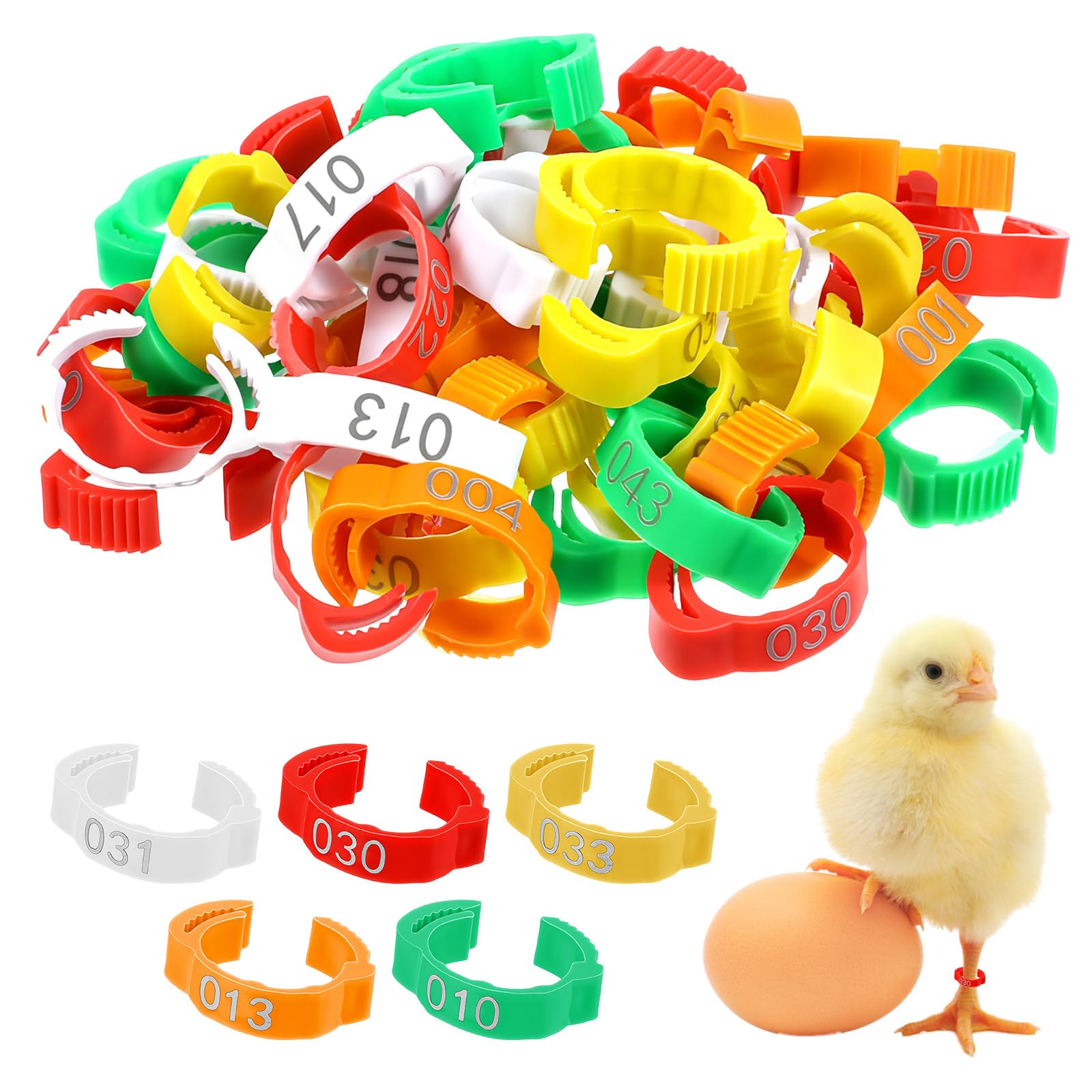 Nogeqi 50 anillos de identificación de pollo numerados para aves de corral, patos, gansos y granja (5 colores)