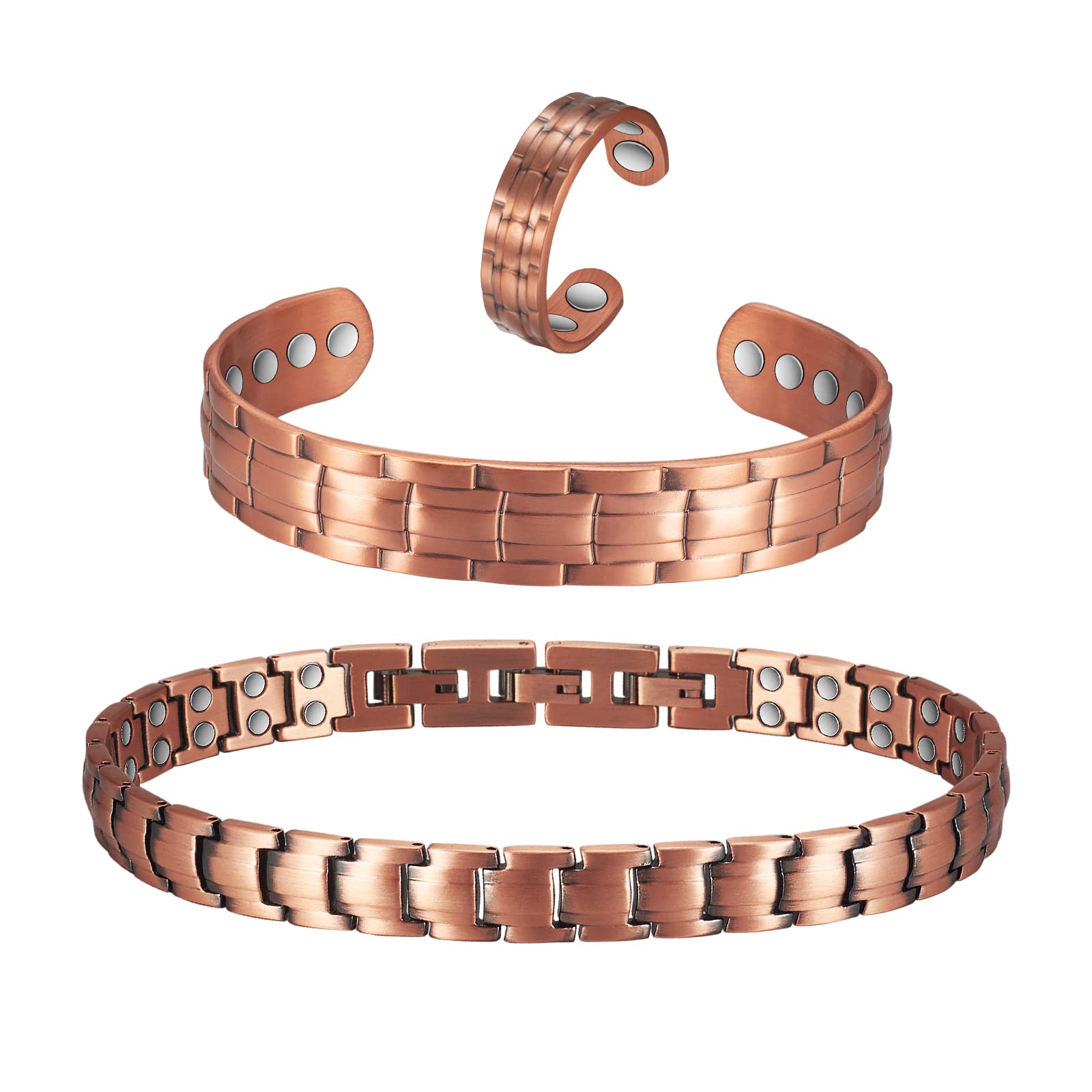 EnerCoppeX Set aus magnetischem reinem Kupferschmuck, Fußkettchen + Armband + Ring, Tragemagnet, inklusive Geschenkbeutel für Geschenke, 17 cm, Kupfer