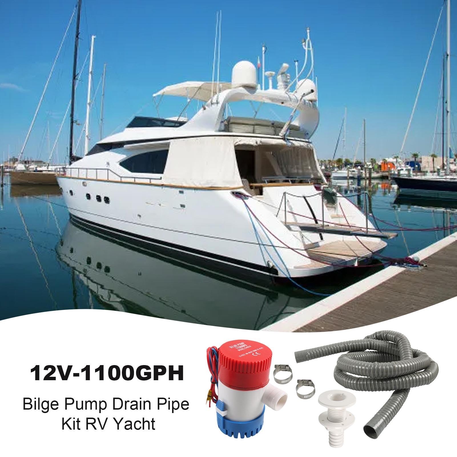 Lenzpumpe Set für Boot, Objektivpumpenschlauch Set für Boot | 12V Lenzpumpe mit 78,7 Zoll Lenzpumpe Schlauch,Inklusive Rumpfdurchführung und 2 Edelstahlklemmen