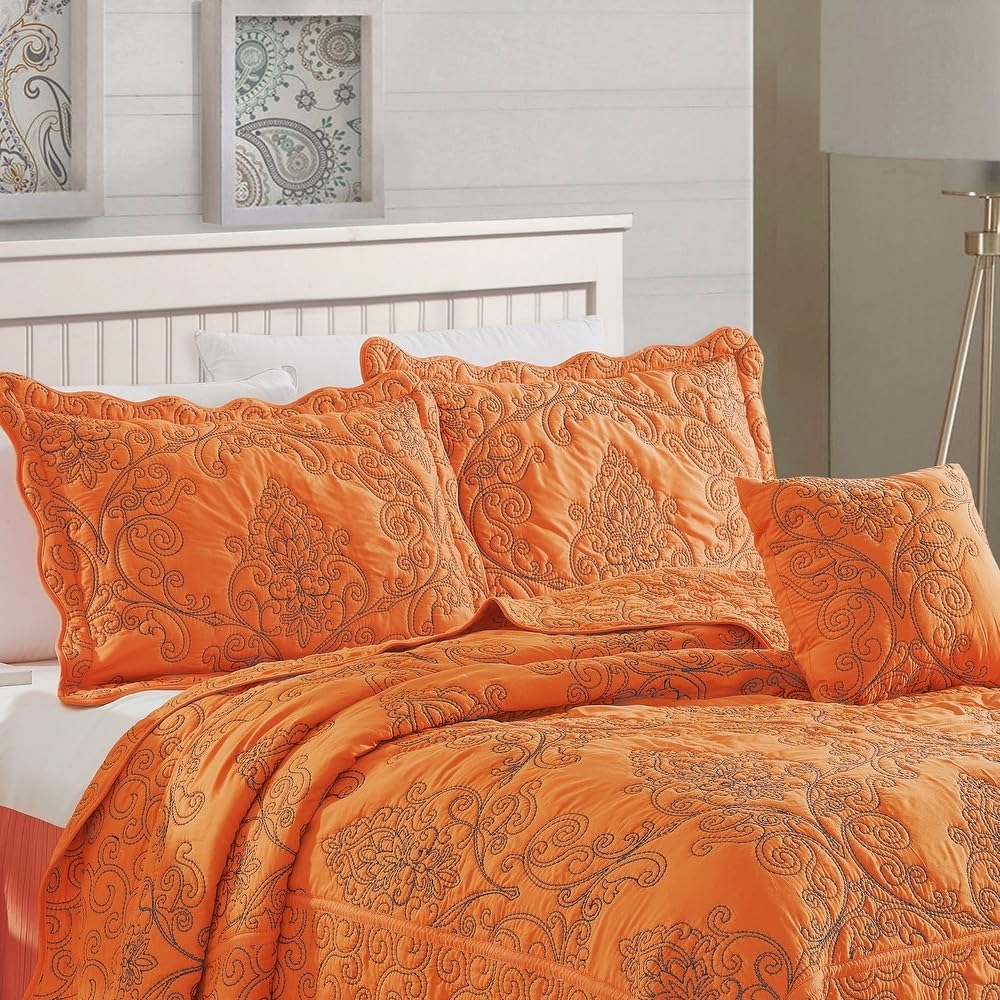 TRP French Country Style 4 Piece Pretty Embroidered Geometric Pattern Oversized King Bedspread | All Seasons Shabby Chic Bedding Burnt Orange Color Designer Aesthetic Look Soft Plush Cozy Feel