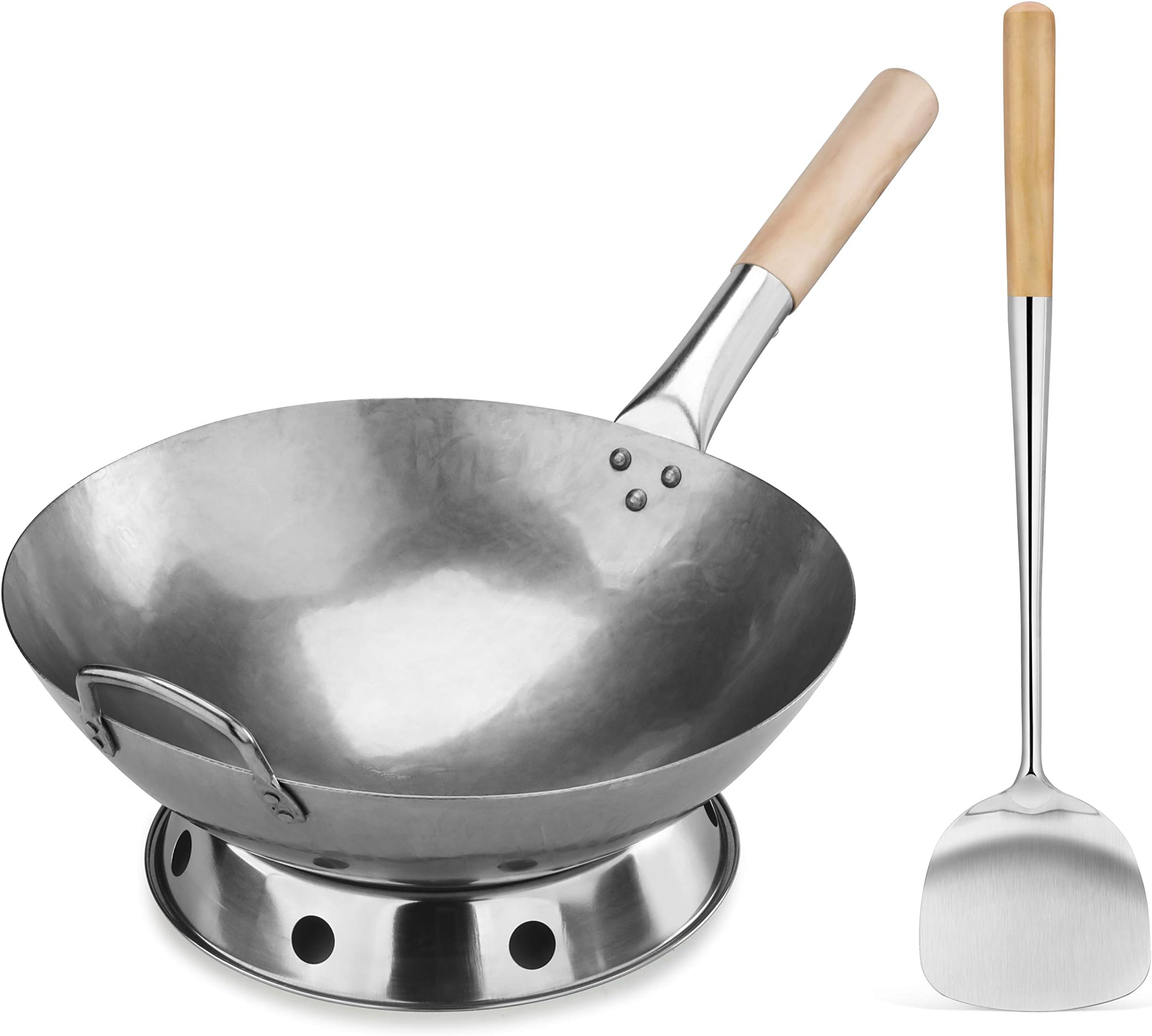 New Star Foodservice Carbon Steel Wok Set - 14" Round Bottom, Hand Hammered With Wood and Steel Helper Handle, Includes Rack/Ring and Spatula (Hand Wash Recommended)