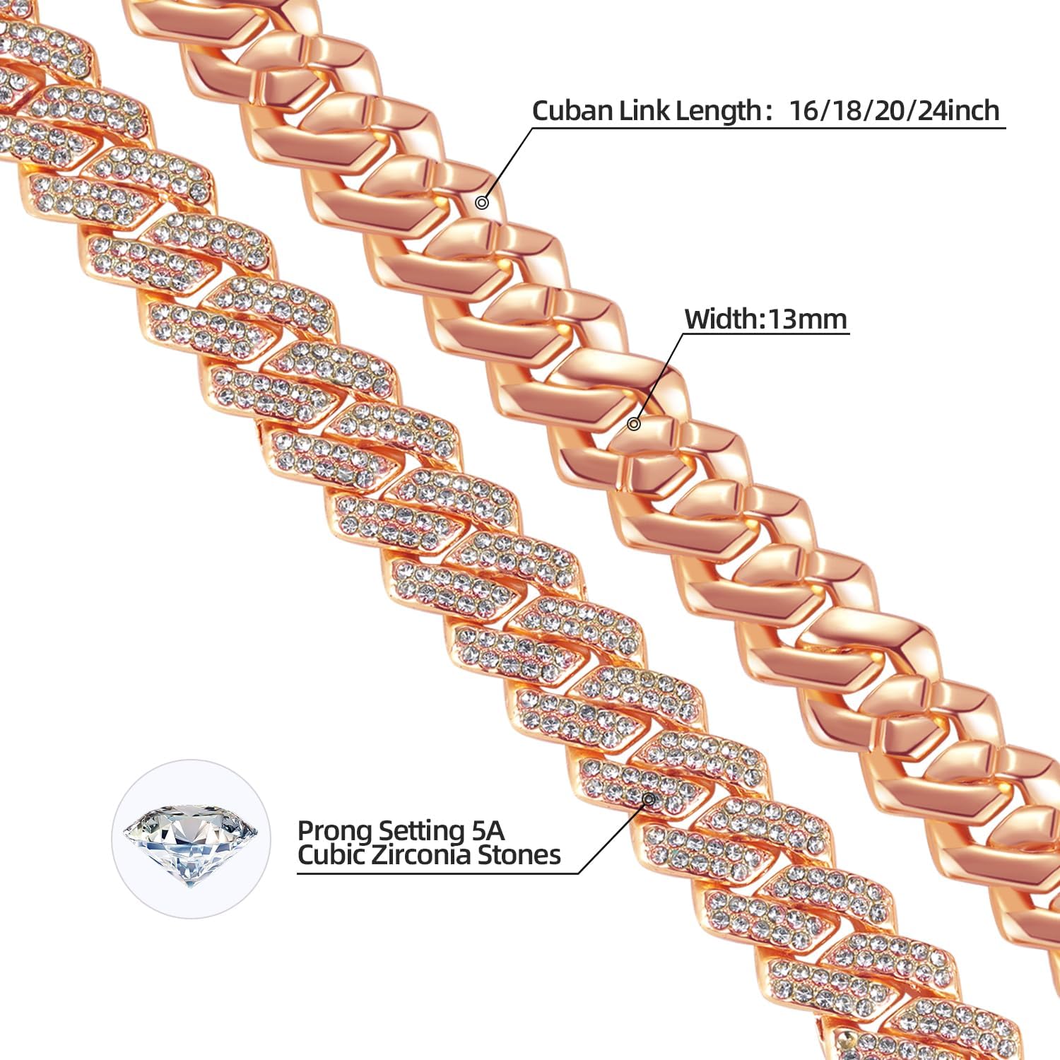 Mens Cuban link Chains Iced Out Miami Cuban Necklace Bling Diamond Hip Hop Jewelry for Men Women 13mm Silver/Yellow Gold/Rose Gold - Image 2