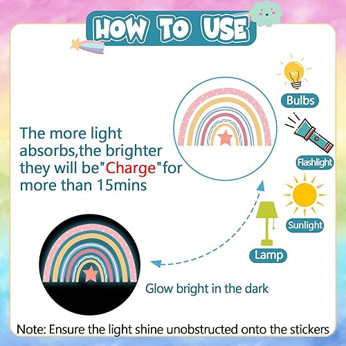 Miniatura 3 de Calcomanías de pared bohemias que brillan en la oscuridad, brillantes y luminosas, pequeñas calcomanías de pared de arco iris, colorido, extraíble,