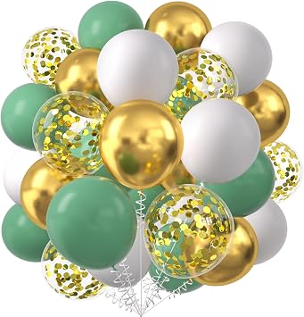 KALOR Bean Green White and Gold Balloons, 60 Pcs 12 Inch Gold Confetti Latex Balloons for Birthday Bridal Shower Wedding Party Decorations