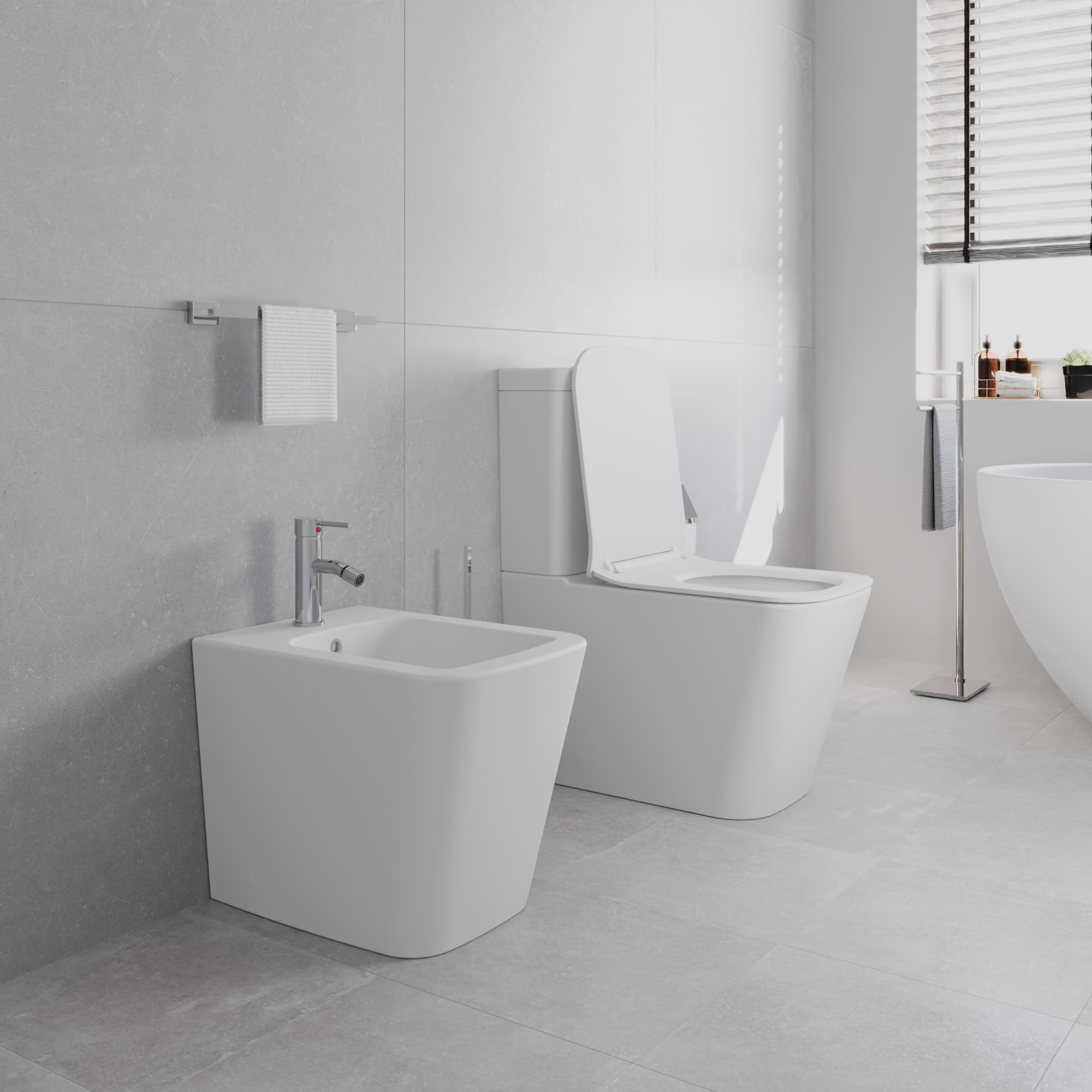 Coppia di sanitari filomuro vaso monoblocco rimless e bidet bianco opaco | Londra