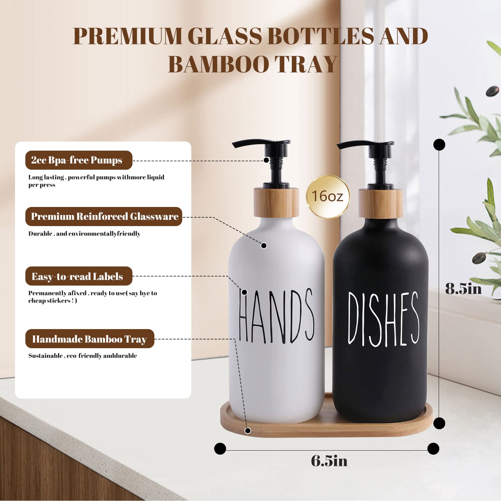mumisuto Glass Soap Dispenser Set, Contains Hand Soap and Dish Soap Dispenser, Kitchen Soap Dispenser Set with Tray and Brush for Farmhouse Kitchen Bathroom Counter Decor (Black & White)